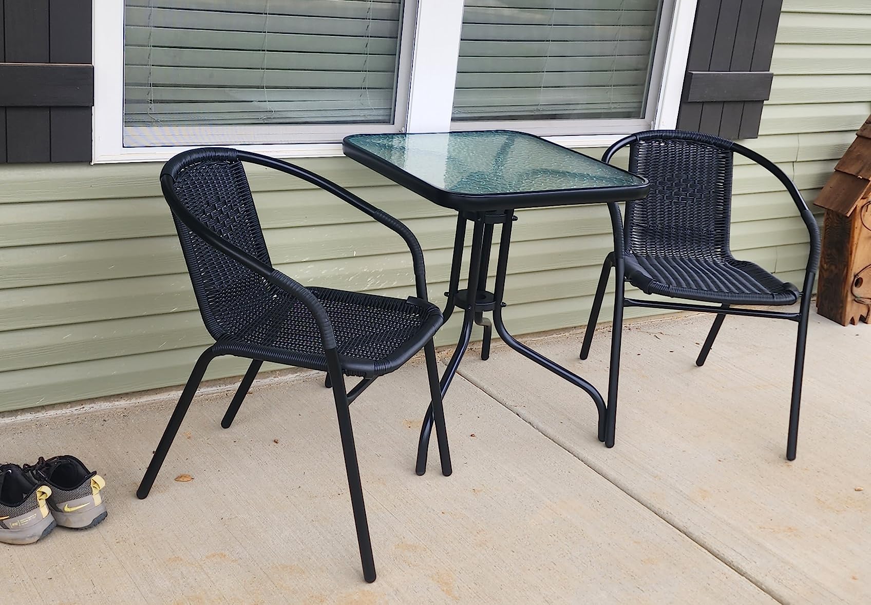 Flash Furniture Lila 23.5'' Square Glass Metal Table with 2 Black Rattan Stack Chairs - Customer Photo 1
