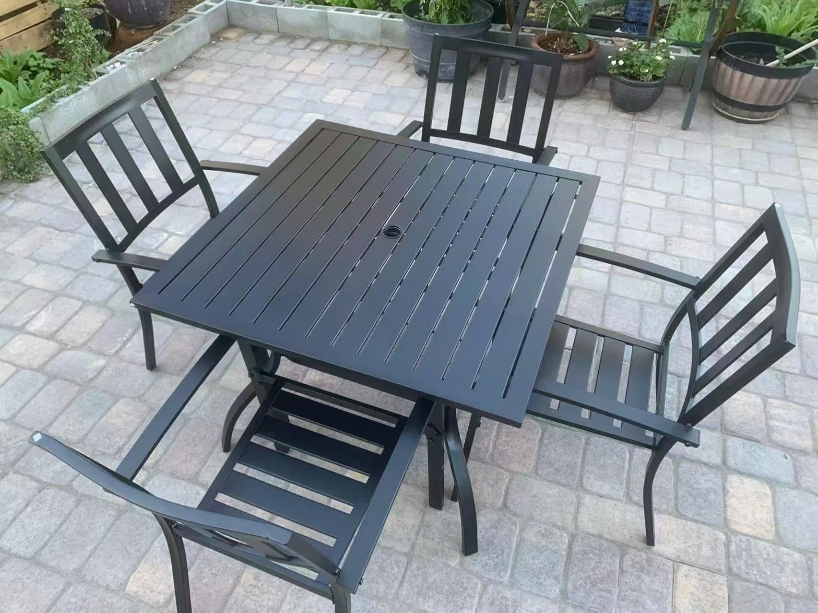 PHI VILLA 5 Piece Outdoor Dining Table Set for 4, 37â Black Square Metal Table with Umbrella Hole & Stackable Wrought Iron Chairs, Outside Furniture Set for Patio, Deck, Porch, Backyard - Customer Photo 1