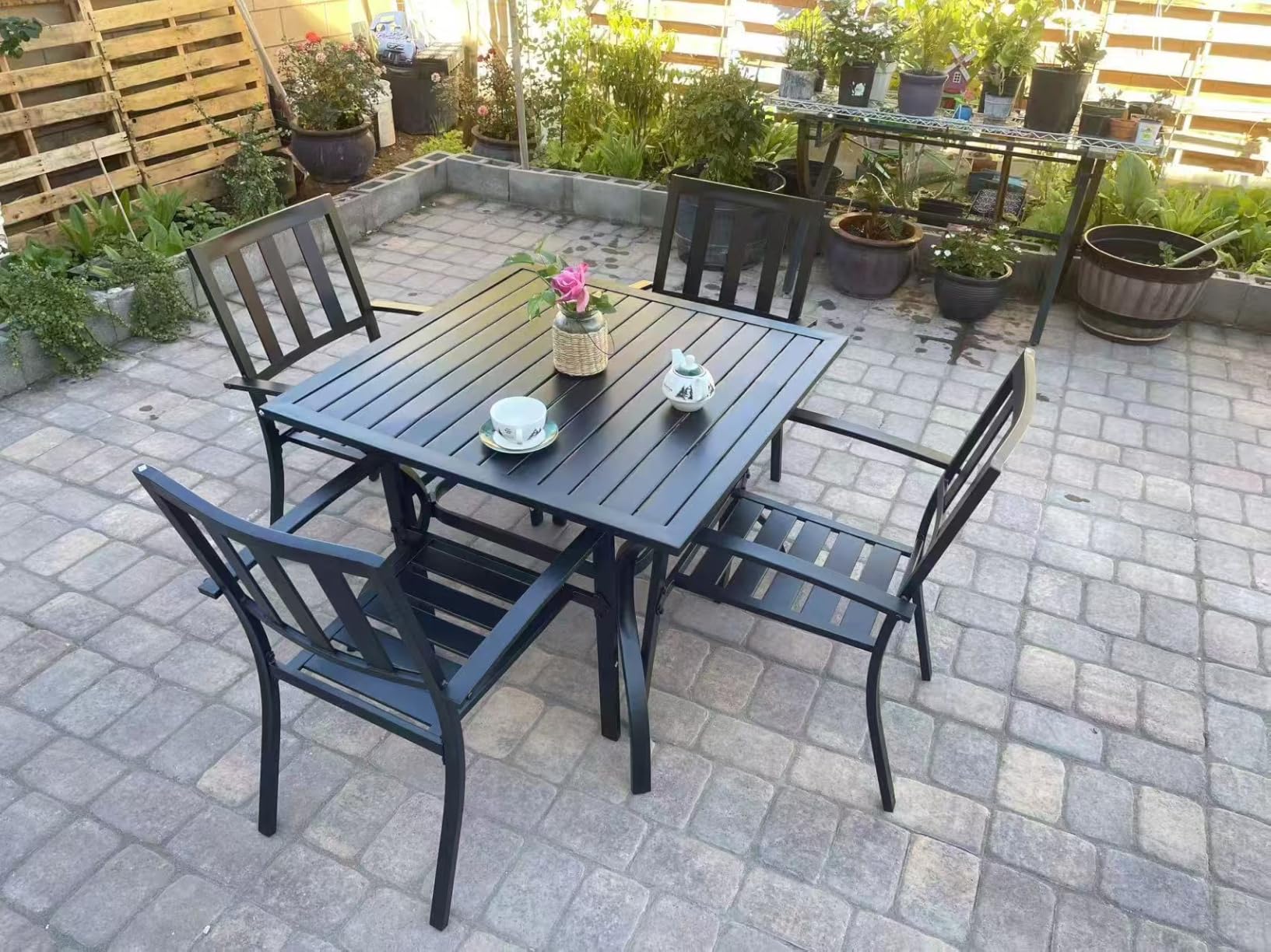 PHI VILLA 5 Piece Outdoor Dining Table Set for 4, 37â Black Square Metal Table with Umbrella Hole & Stackable Wrought Iron Chairs, Outside Furniture Set for Patio, Deck, Porch, Backyard - Customer Photo 2