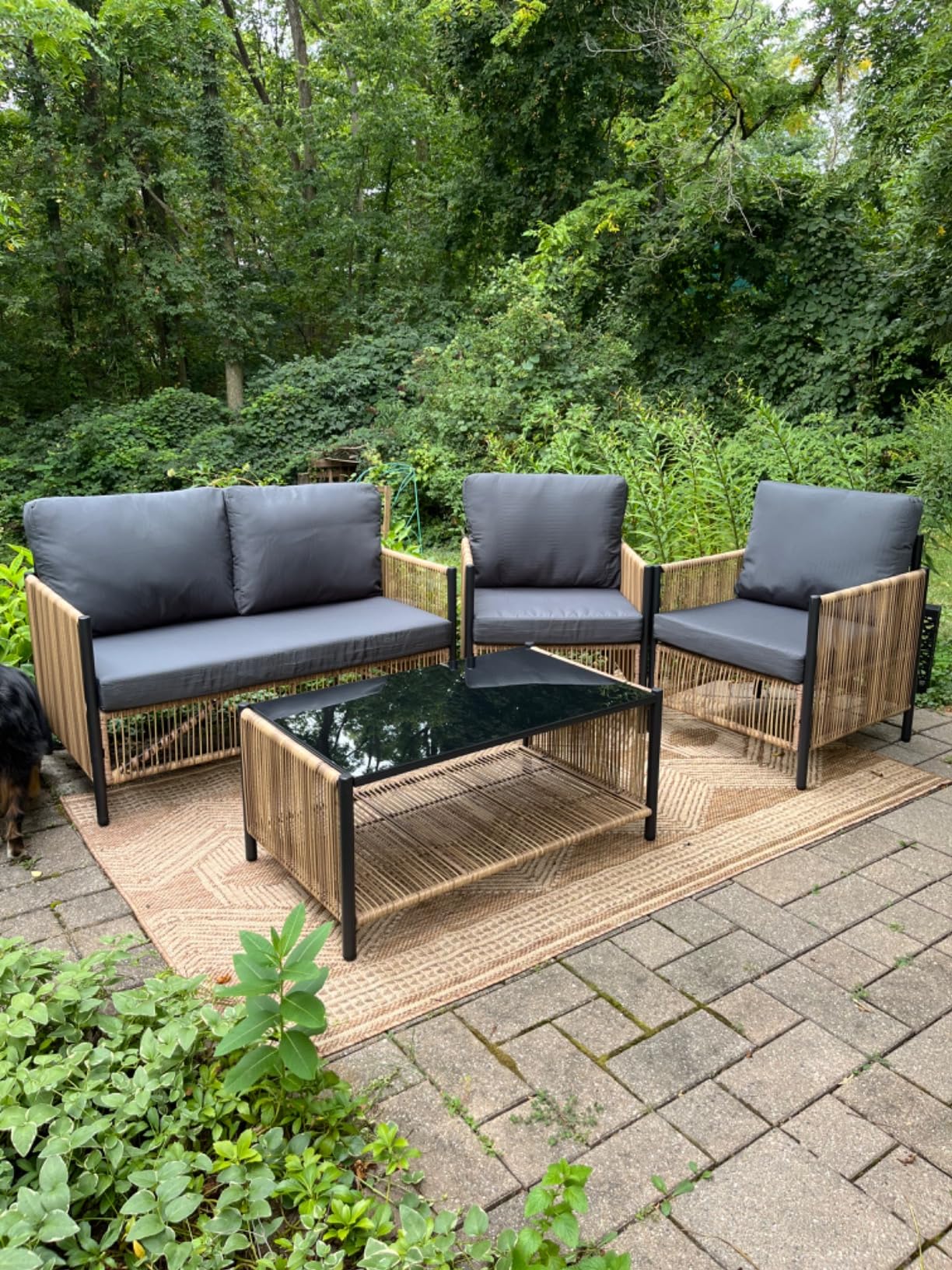 4 Pieces Aluminum Outdoor Patio Furniture Set - 2 Pcs Armchair, Loveseat & Dual-Layer Coffee Table - Rope Sectional Conversation Sofa Sets with Washable Thick Cushion for Garden, Backyard, Porch - Customer Photo 2