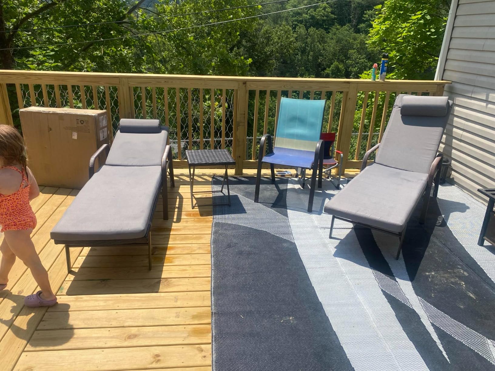 Trumbeak Patio Chaise Lounge Set 3 Pieces Pool Lounge Chairs,Cushioned Outdoor Folding Lounge Chair w/Arm and Rattan Adjustable Backrest for Poolside Porch,Folding Table Included,NavyBlue - Customer Photo 1