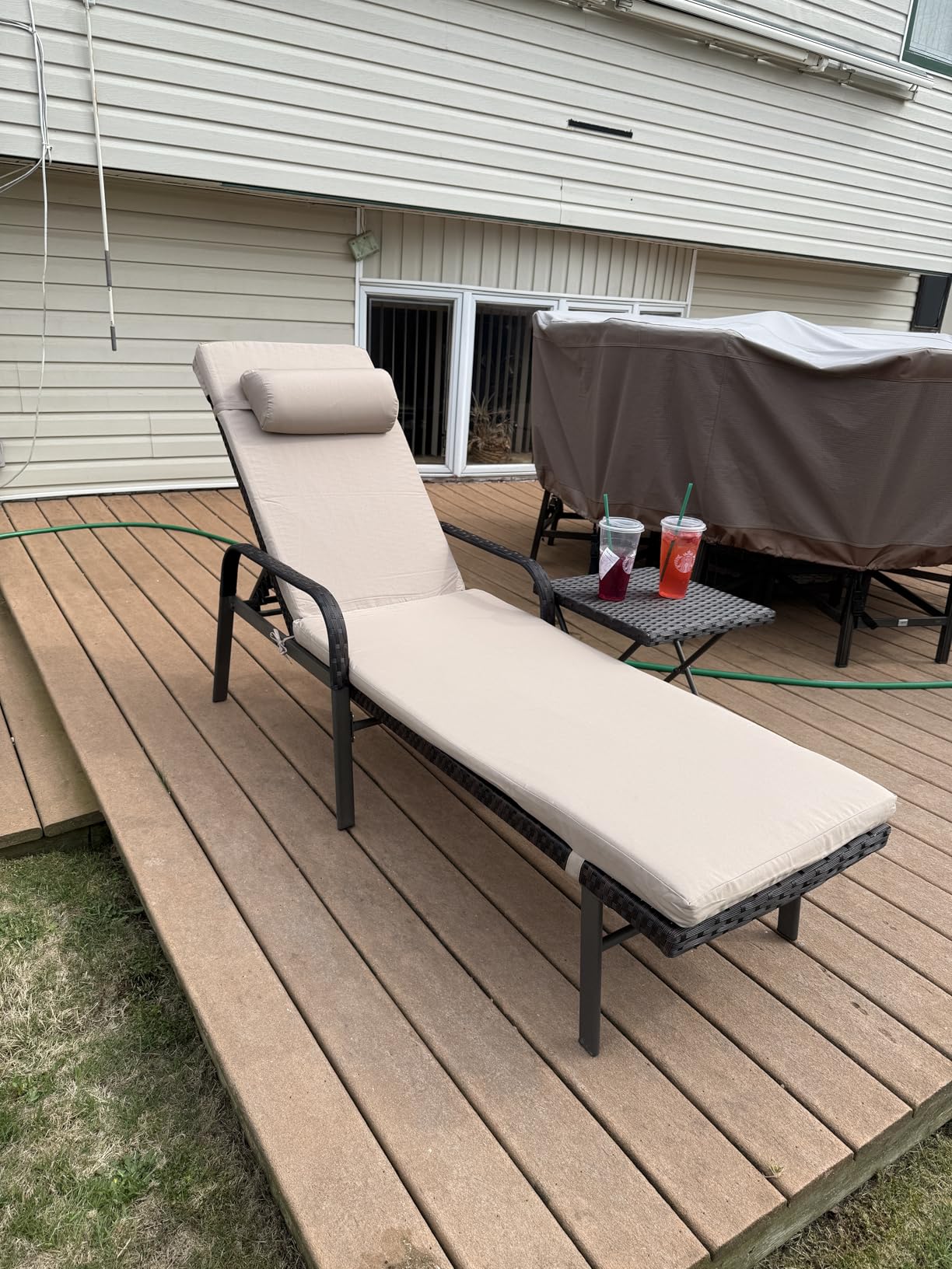 RTDTD 3 Pieces Patio Chaise Lounge Set Outdoor PE Rattan Armrest Lounge Chair Adjustable Backrest Reclining Chair with Folding Table and Cushion for Patio Poolside Backyard Porch Beach(Brown) - Customer Photo 1