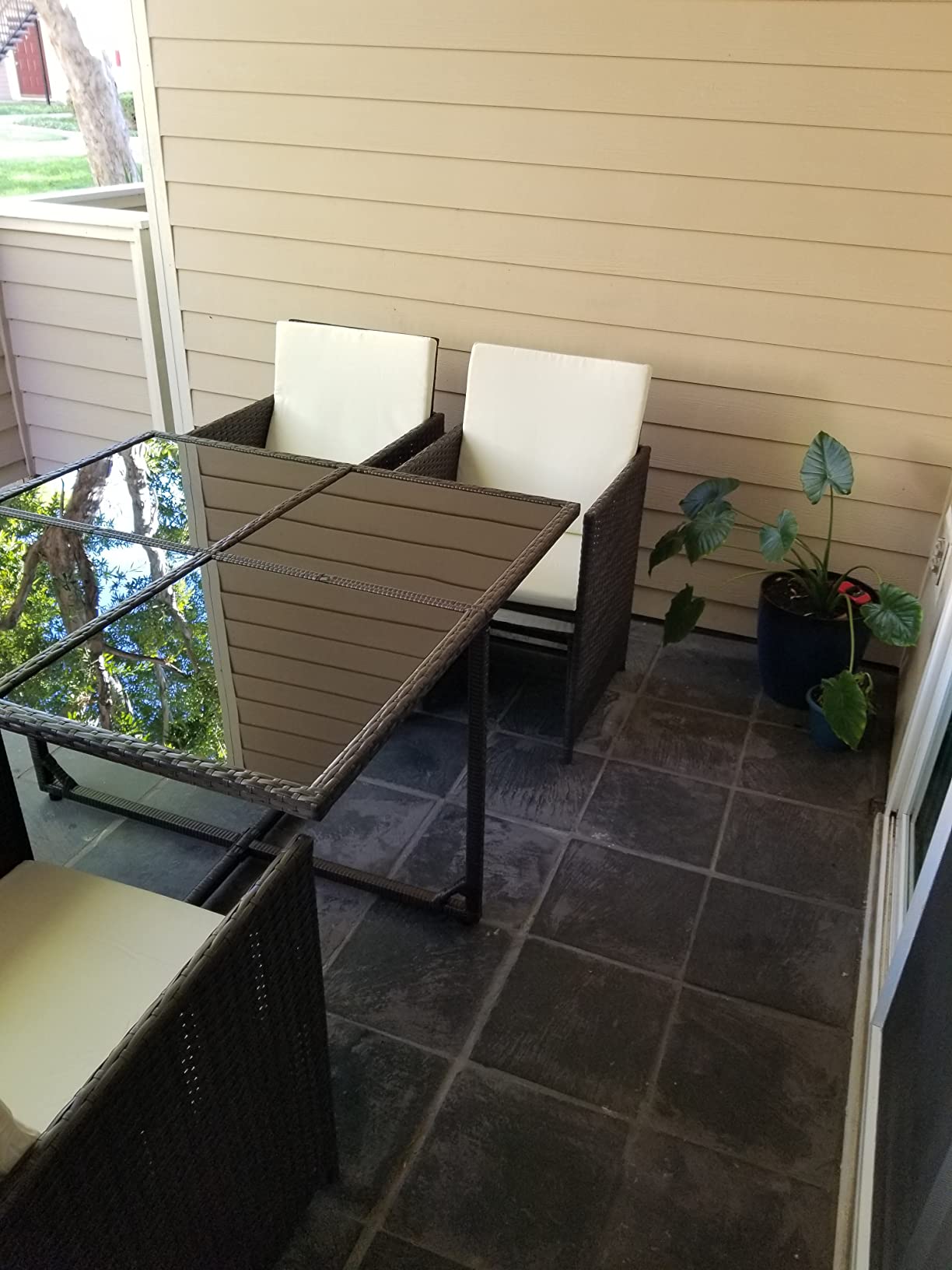 Vongrasig 5 Piece Small Patio Dining Set, Space-Saving Outdoor Wicker Furniture Conversation Set with Wood Table and Cushioned Rattan Chairs for Lawn, Garden, and Backyard (Gray) - Customer Photo 1