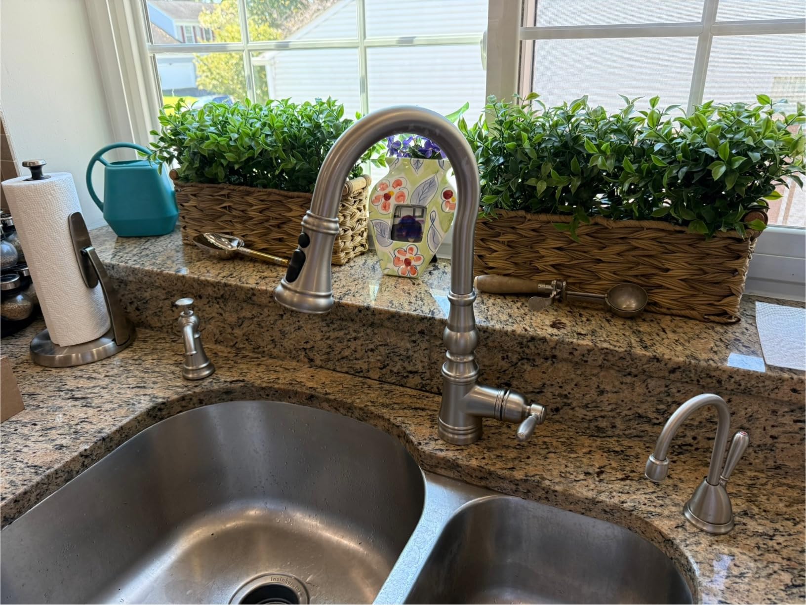 Moen Weymouth Brushed Gold Traditional Shepherd's Hook Pulldown Kitchen Faucet Featuring Pull Down Spray Head with Power Boost, S73004BG - Customer Photo 3