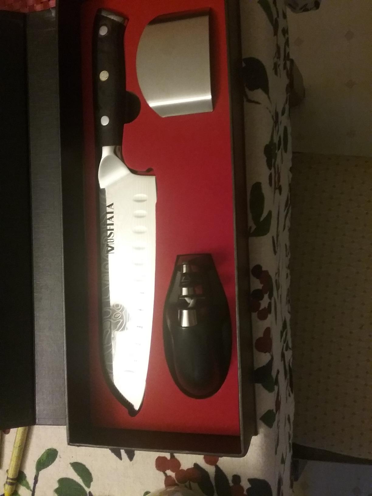 MOSFiATA 8 Inch Super Sharp Professional Chef's Knife with Finger Guard and Knife Sharpener, German High Carbon Stainless Steel EN1.4116 with Micarta Handle and Gift Box - Customer Photo 3