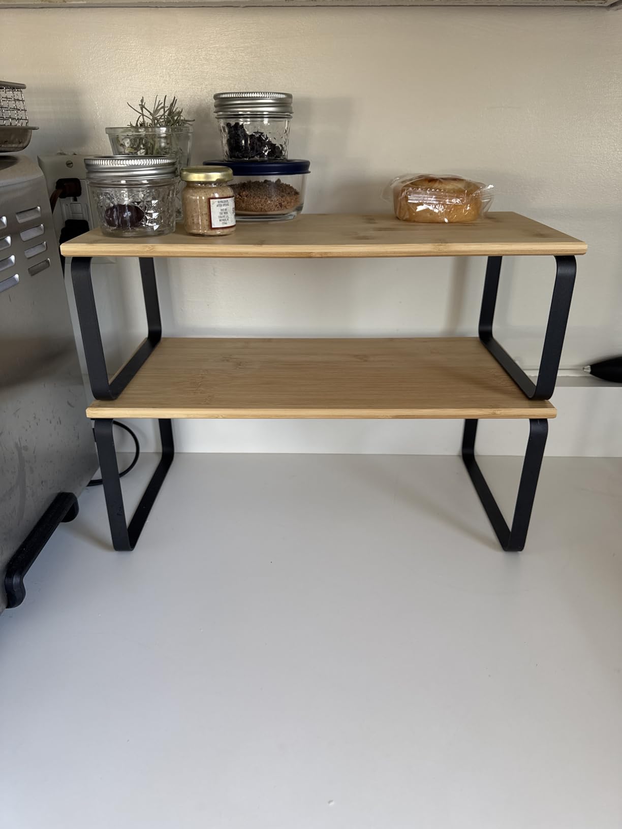 SONGMICS Cabinet Organizer Shelf, Set of 2 Kitchen Counter Shelves, Kitchen Storage, Spice Rack, Stackable, Expandable, Metal and Engineered Wood, Ink Black and Natural Beige UKCS02NB - Customer Photo 1