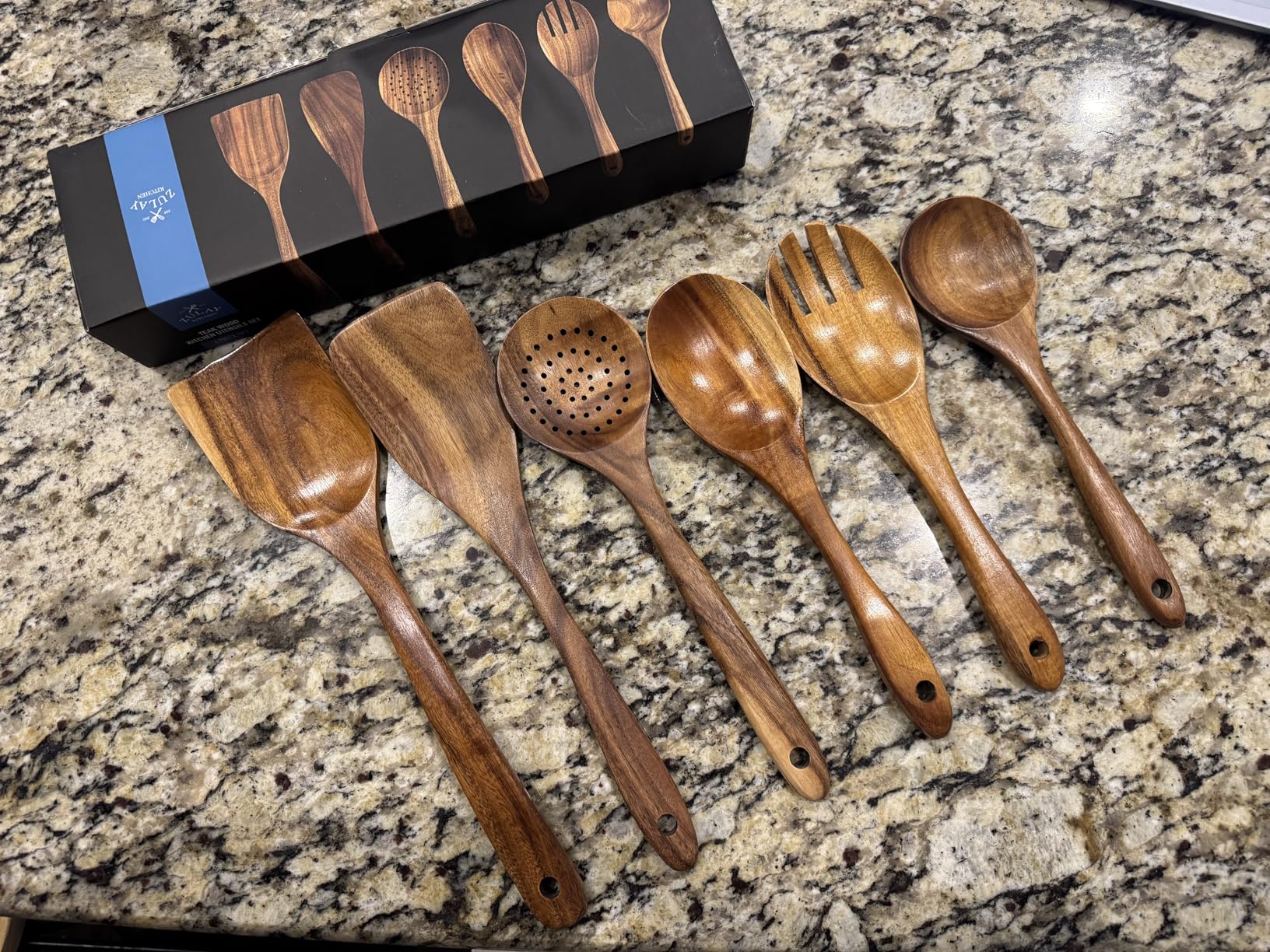 Zulay Kitchen 6-Piece Wooden Spoons for Cooking - Smooth Finish Teak Wood Utensils - Soft Comfort-Grip Cooking Wood Spoons Non-Stick Teak Easy to Clean Utensils Heat Resistant Non-Scratch Spoon Sets - Customer Photo 2