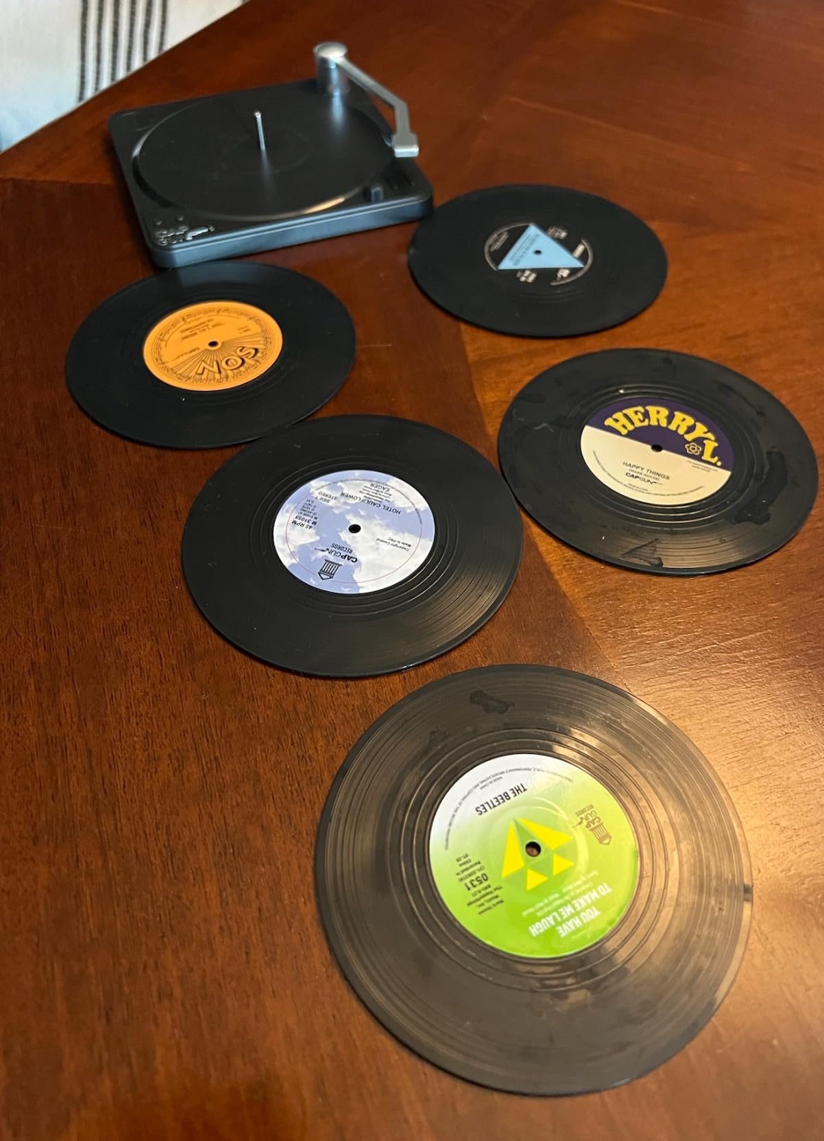 Funny Retro Record Coasters for Drinks with Vinyl Player Holder for Music Lovers,Set of 6 Conversation Piece Sayings Drink Coaster,Housewarming Hostess Wedding Registry Gift Ideas Customer Review Funny Retro Record Coasters for Drinks with Vinyl Player Holder for Music Lovers,Set of 6 Conversation Piece Sayings Drink Coaster,Housewarming Hostess Wedding Registry Gift Ideas - Customer Photo 2