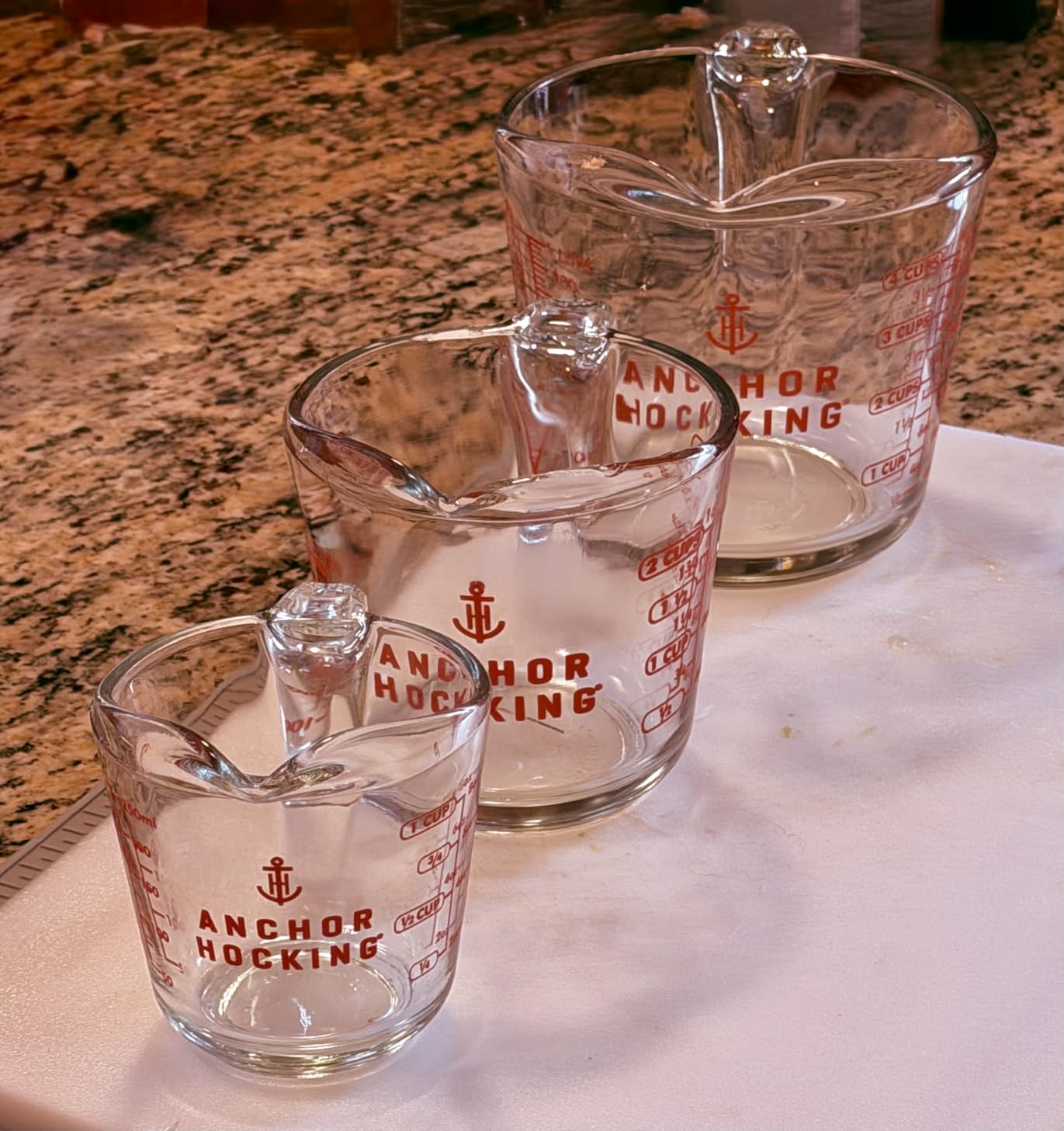 Anchor Hocking Glass Measuring Cups, 4 Piece Set (5 Ounce, 1 Cup, 2 Cup, 4 Cup liquid measuring cups) Customer Review Anchor Hocking Glass Measuring Cups, 4 Piece Set (5 Ounce, 1 Cup, 2 Cup, 4 Cup liquid measuring cups) - Customer Photo 1