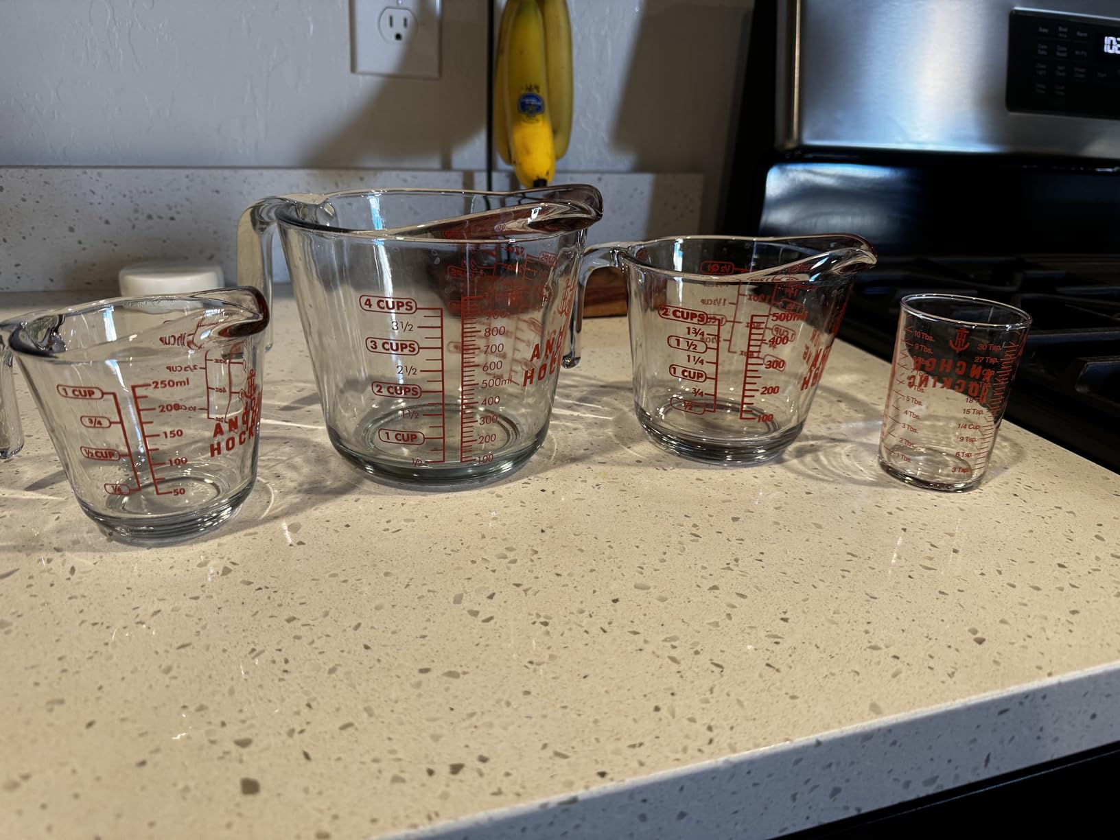Anchor Hocking Glass Measuring Cups, 4 Piece Set (5 Ounce, 1 Cup, 2 Cup, 4 Cup liquid measuring cups) Customer Review Anchor Hocking Glass Measuring Cups, 4 Piece Set (5 Ounce, 1 Cup, 2 Cup, 4 Cup liquid measuring cups) - Customer Photo 3