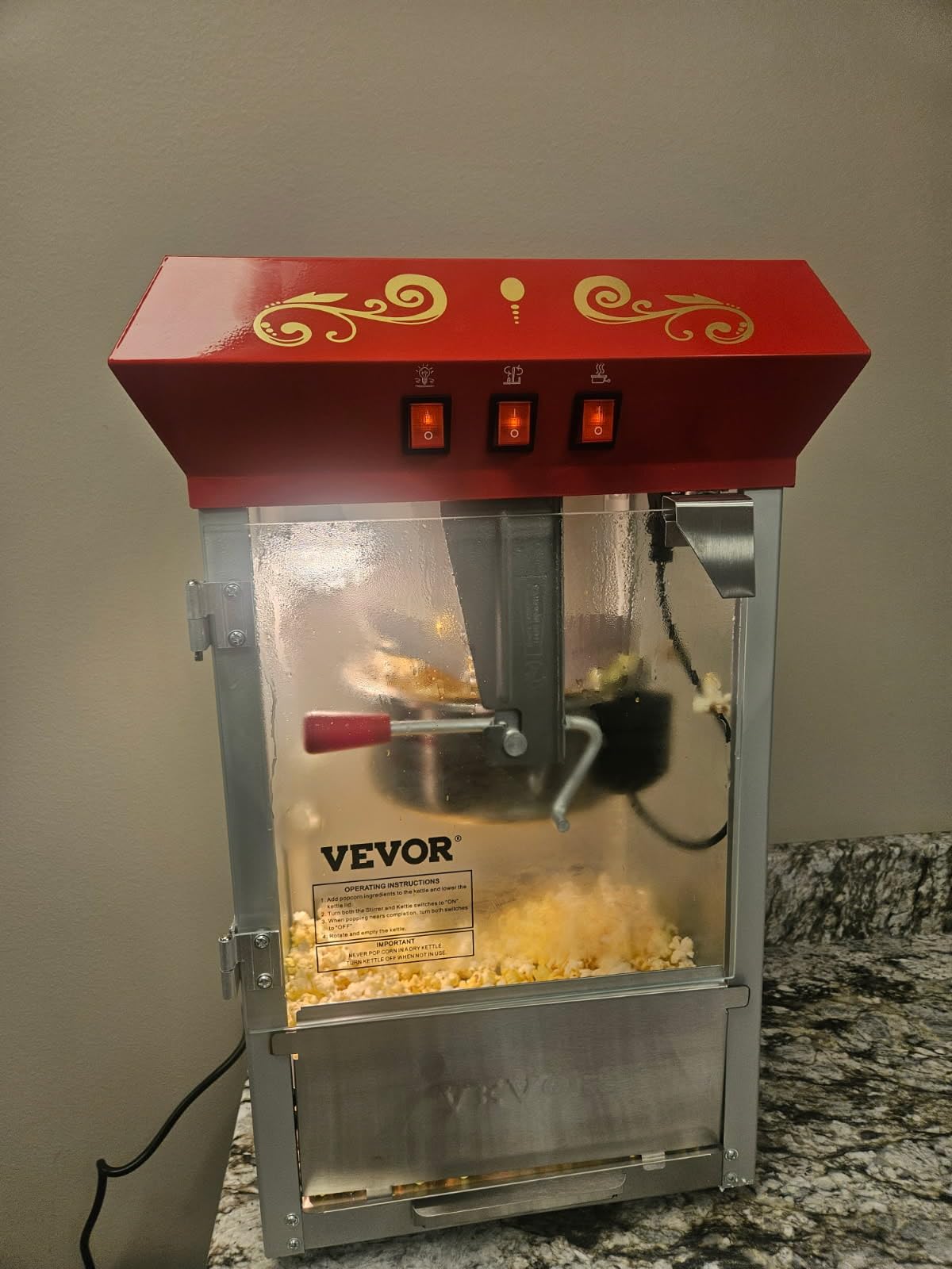 VEVOR Commercial Popcorn Machine, 8 Oz Kettle, 850 W Popcorn Maker on Wheels for 48 Cups per Batch, Theater Style Popper with 3-Switch Control Steel Frame Tempered Glass Doors Cart 1 Scoop 2 Spoons - Customer Photo 1