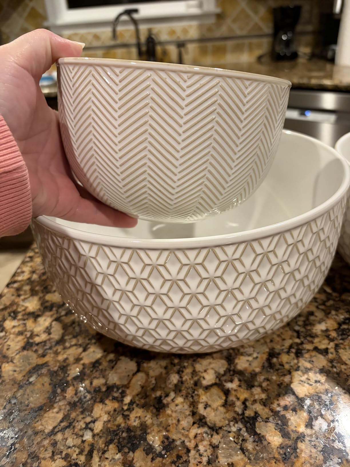 KooK Ceramic Mixing Bowls, Nesting Set of 4, Embossed Kitchen Dishware, Prep, Serving, Gift, Microwave and Dishwasher Safe, 20/44/98/145 oz, Narbonne Collection (Ivory) - Customer Photo 2