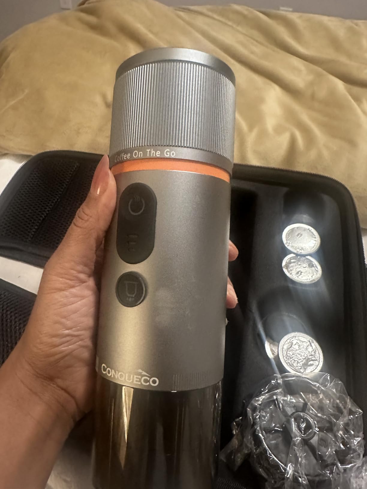CONQUECO Portable Espresso Machine Travel: 12v Car Coffee Maker with Battery for Camping - Small Electric - 2.5 Mins Heating - Set With Ground Coffee and NS Capsule and Handbag for RV, Hiking, Office - Customer Photo 3