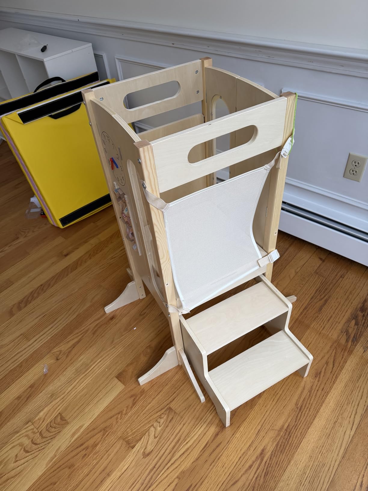 HONEY JOY Foldable Toddler Tower, Wooden Kitchen Stool Helper with 2 Step Stool, Anti-Slip Feet, Chalkboard, Kids Learning Standing Tower with Safety Net & Montessori Activity Games, Natural - Customer Photo 2