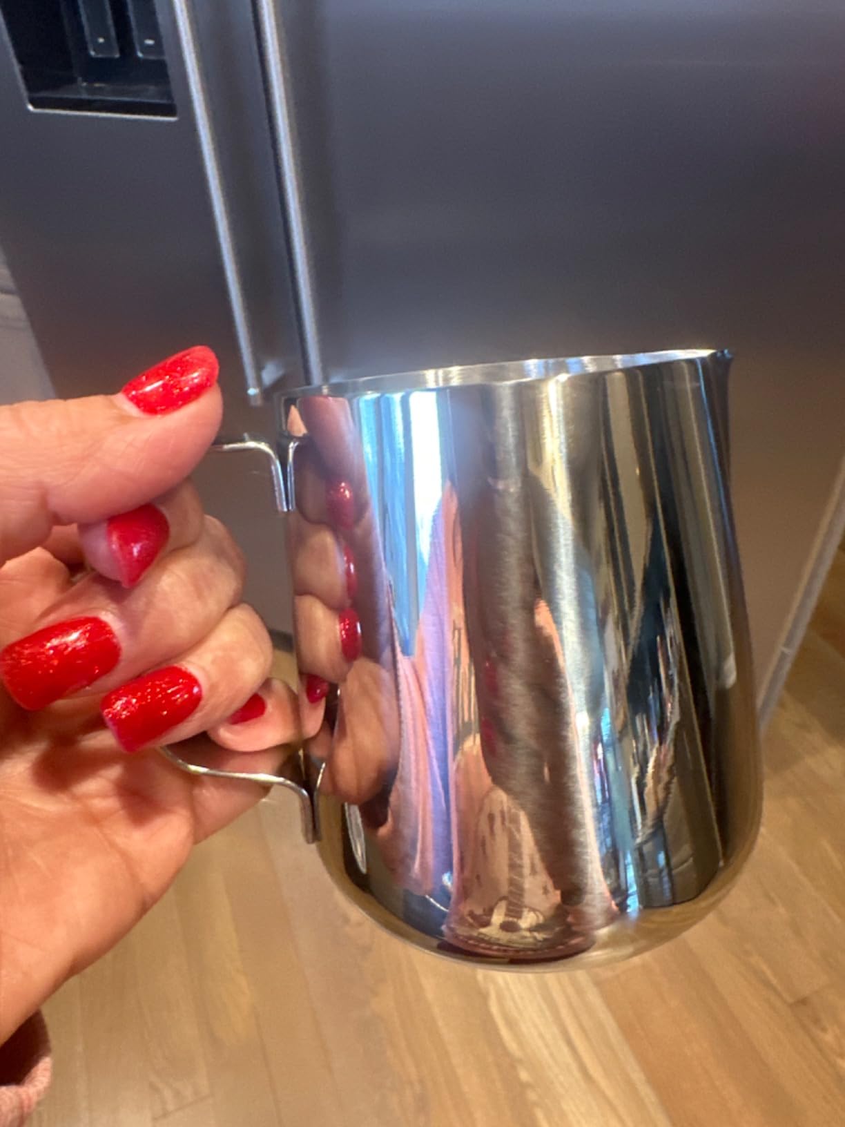 HOFASON Stainless Steel Milk Frothing Pitcher Cappuccino Pitcher Pouring Jug Espresso Cup Creamer Cup for Latte Art, 12 Ounce (350 ML) customer photo 2