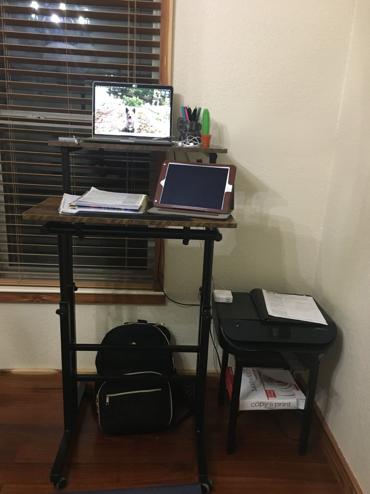 SIDUCAL Small Standing Desk, Portable Stand Up Desk, Height Adjustable Mobile Standing Table Converter with Wheels Computer Workstations, Rolling Laptop Cart for Stand or Sit, Vintage Oak customer photo 2