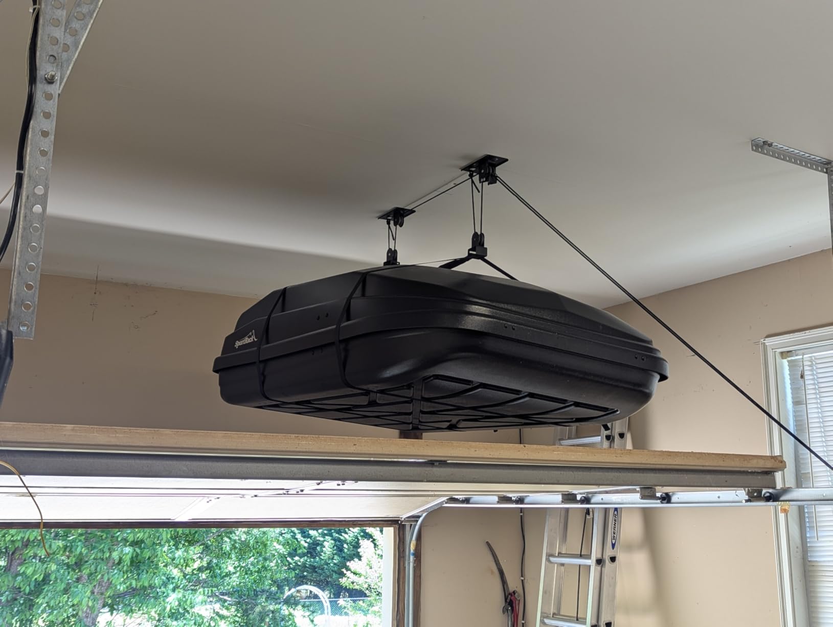 StoreYourBoard Cargo Box Pulley System - Heavy-Duty Garage Hoist Lift for Rooftop Carriers - Garage Storage & Garage Organization Ceiling Hoist with Pulley - Holds 150 lbs - Fits 8-10 ft Ceilings customer photo 1