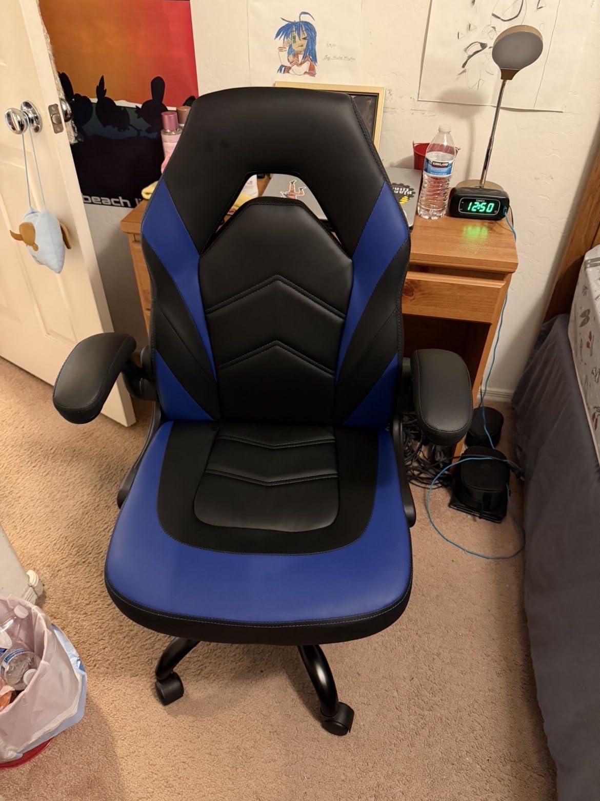 Sweetcrispy Computer Video Game Chair - Ergonomic Home Office with Comfy Lumbar Support, PU Leather Height Adjustable with Flip-up Armrest and 360 Degree Swivel Wheels, Blue, for Adults, Teens customer photo 1