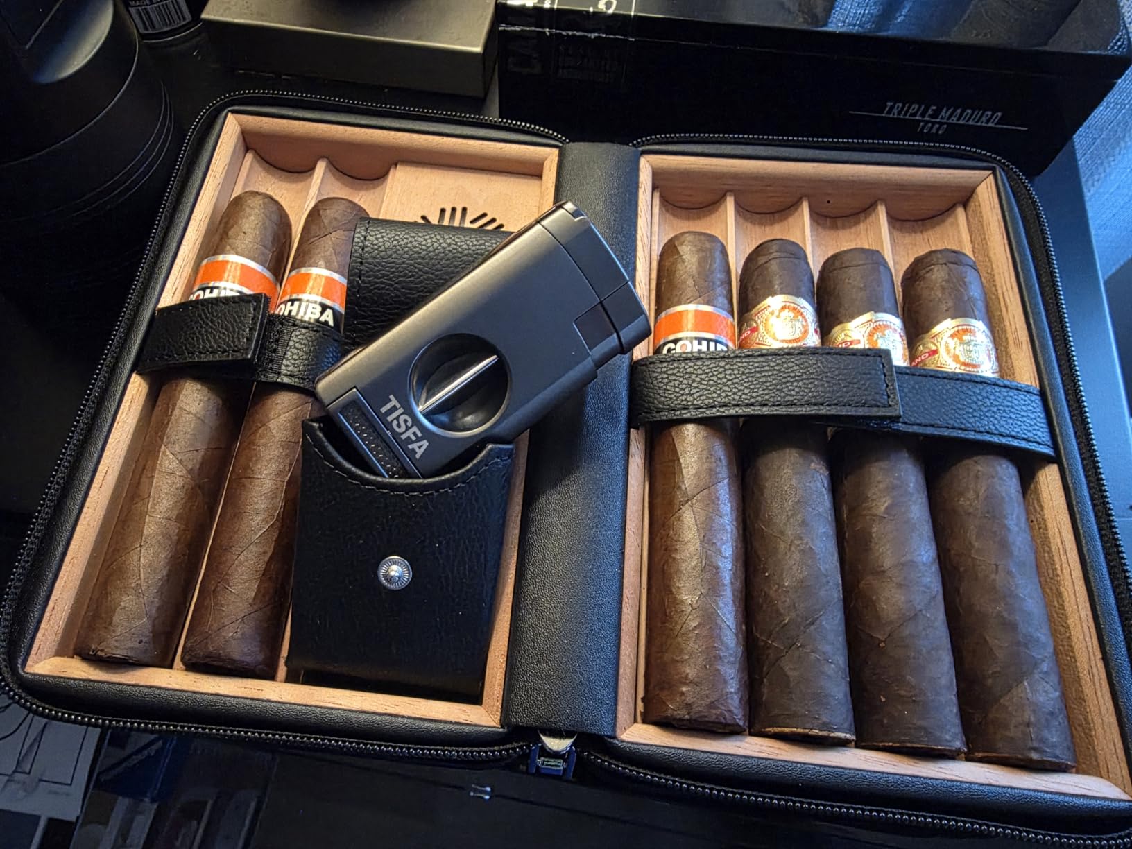 TISFA Cigar Humidor, Leather Cedar Wood Cigar Case with Cigar Lighter, V Cut Cigar Cutter, Cigar Holder 3 in 1, Portable Travel Cigar Humidor Box with Humidifier (Brown) customer photo 1