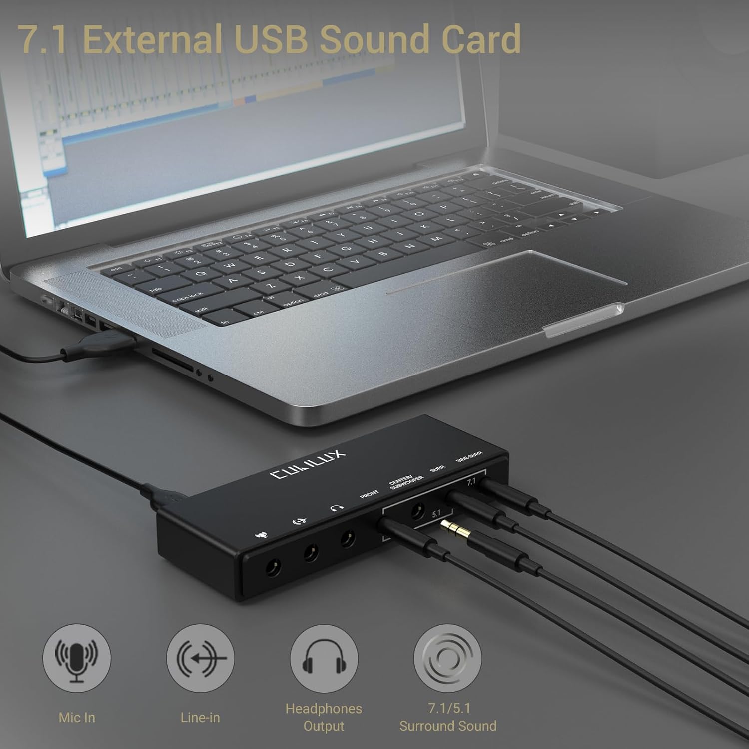 Cubilux 7.1 USB Surround Sound Card- 48KHz-384KHz Sample Rate for Headphones, Full Aluminum Alloy USB A External Sound Card for Laptop PC-Supports Line-in & Stereo Mic in customer photo 1