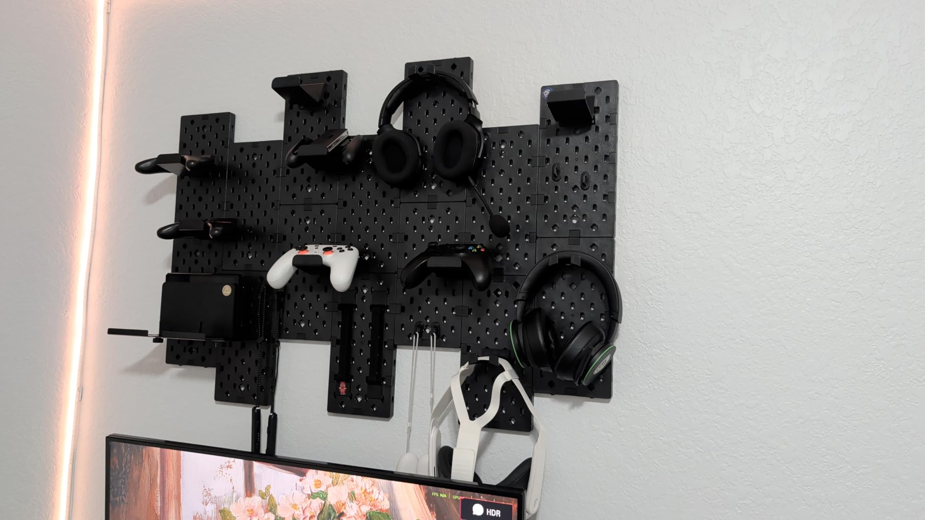 PEGZONE Controller and Headphone Holder Wall Mount, Modular Gaming Pegboard with Accessories, Controller Stand for Xbox PS5 PS4 Switch, Video Game Storage, Disc Shelf Organizer, 7pcs Pegboard, Black customer photo 2