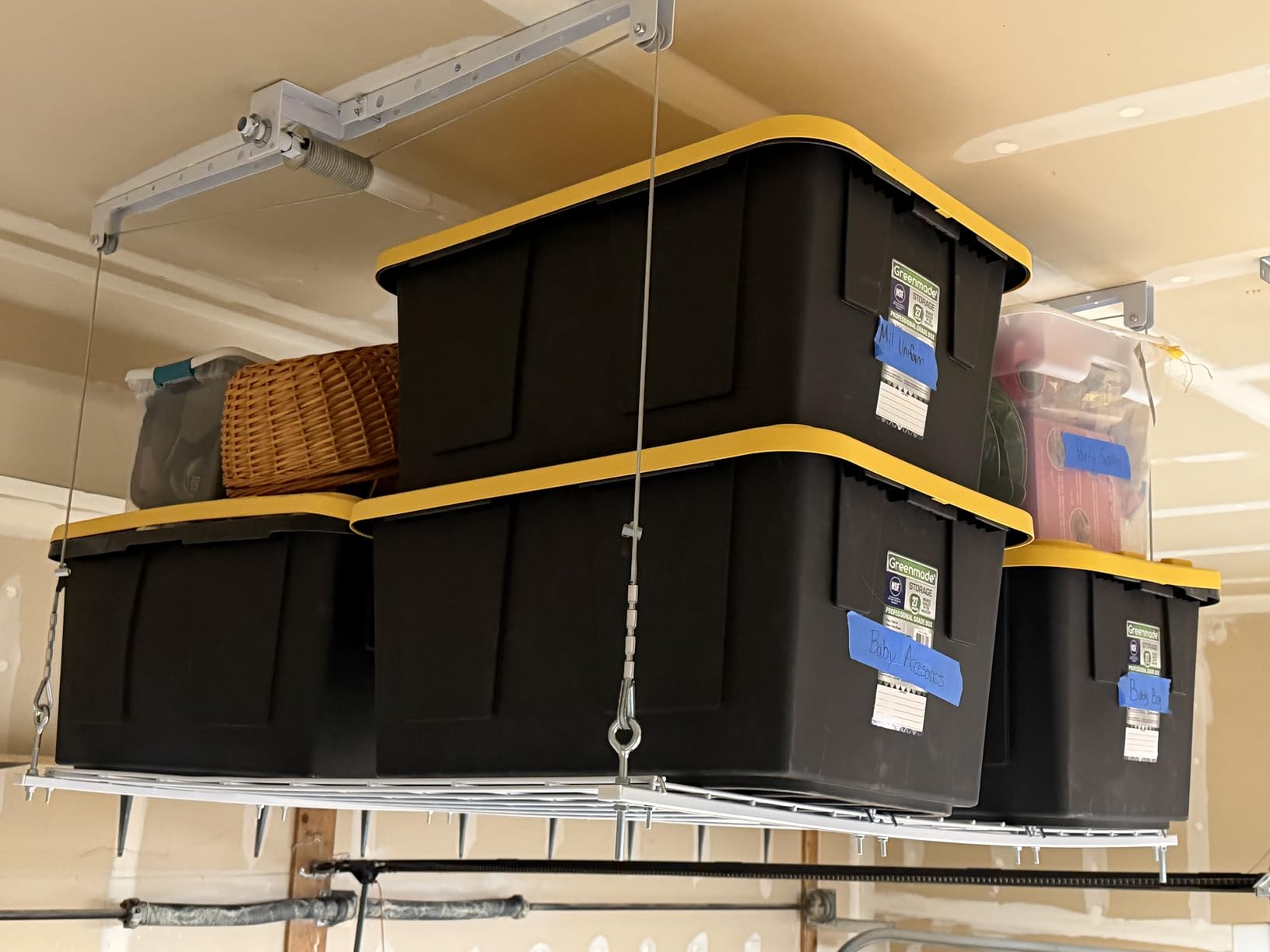 Overhead Garage Storage Lift, 4x4 Ft Ceiling Storage, Heavy-duty Ceiling Mounted Lift System, 250lbs Weight Capacity customer photo 2