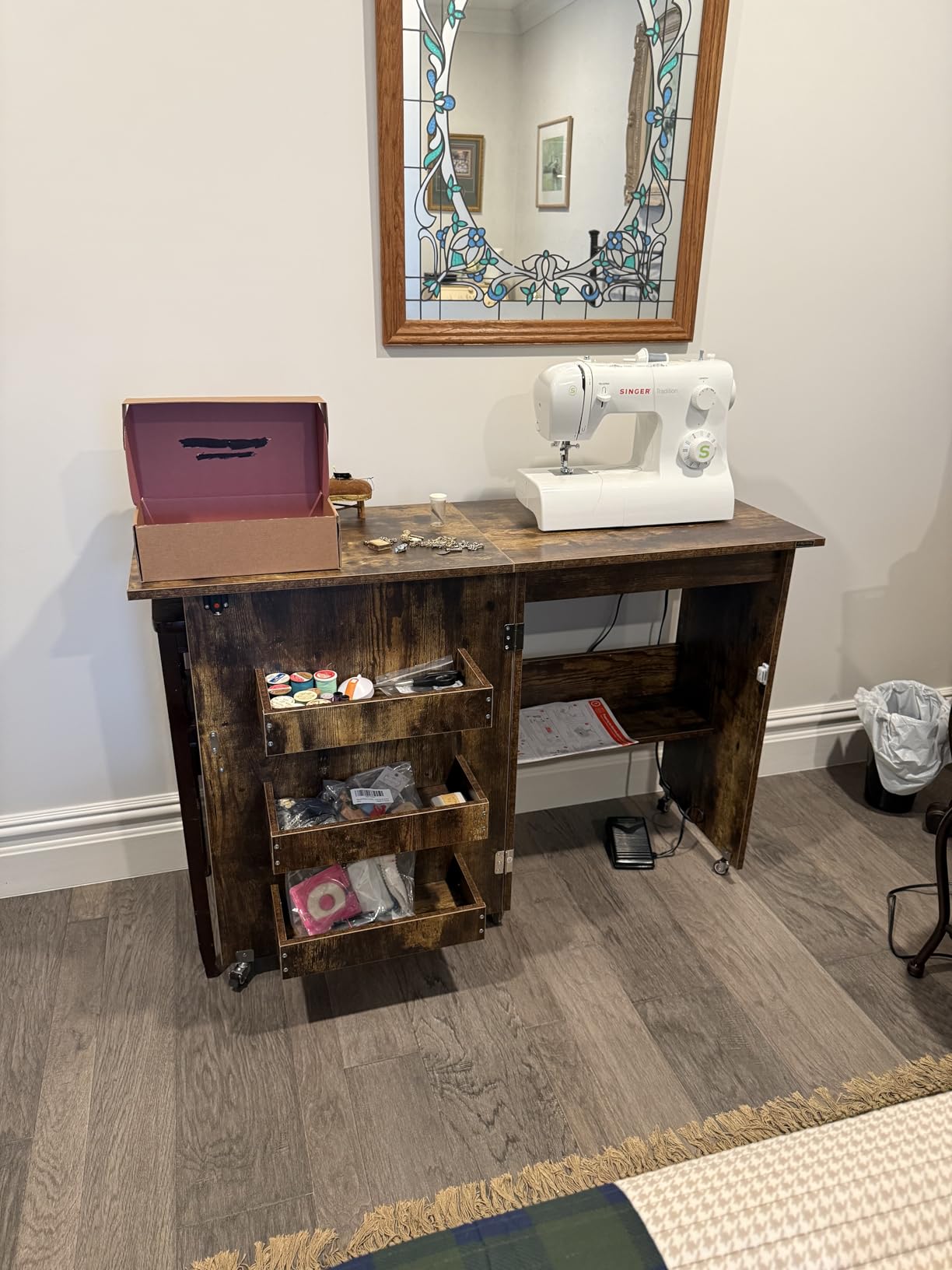 VIVOHOME Folding Sewing Craft Table, Rolling Sewing Machine Desk with Storage Shelves, Sewing Cabinet with Lift for Small Spaces, Dark Brown customer photo 1