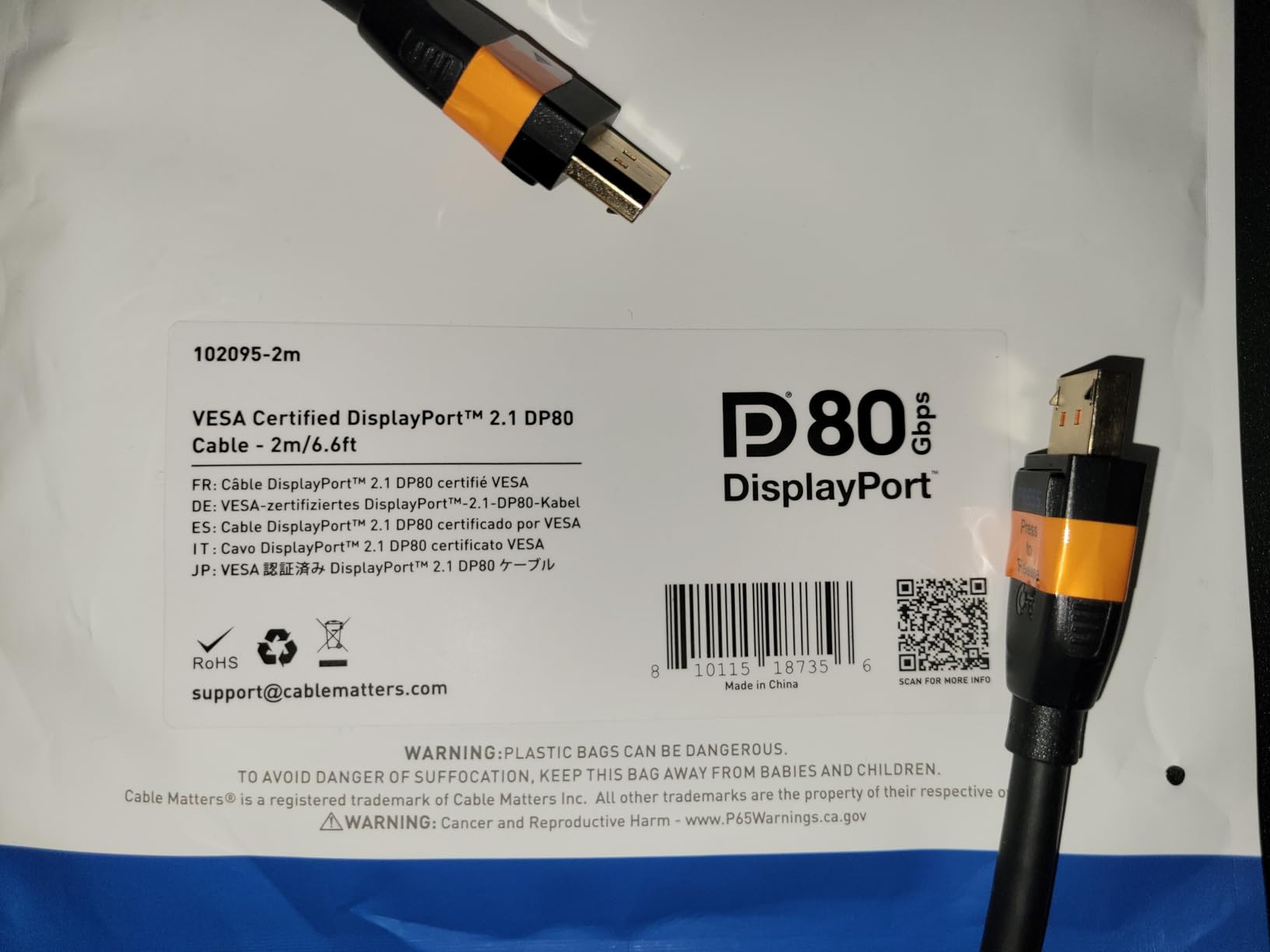Cable Matters [VESA Certified] 80Gbps DisplayPort 2.1 Cable - 6.6ft / 2m, DP80 Cable with 16K 60Hz, 8K 240Hz, 4K 240Hz, FreeSync, G-SYNC and HDR for Gaming Monitor, PC, RTX 4080/4090, RX 7900, Black customer photo 1