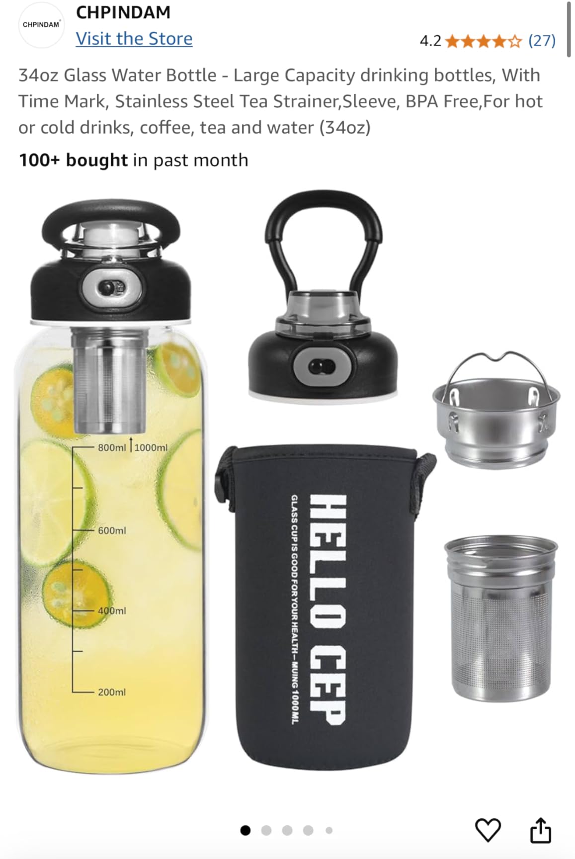 34oz tea bottle with infuser - Large Capacity Glass Water Bottle, With Time Mark, Stainless Steel Tea Strainer,Sleeve, BPA Free,For hot or cold drinks, coffee, tea and water customer photo 1