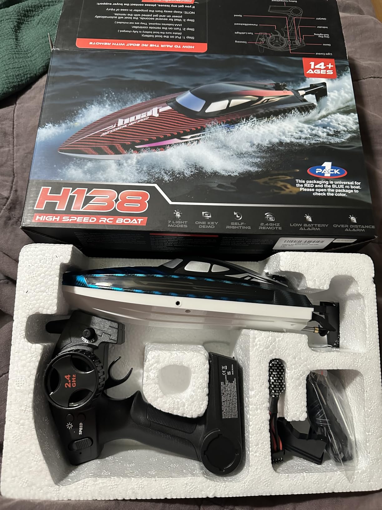 30KMH RC Remote Control Boat with 7 LED Light Modes Waterproof Electric Fast Speed Boat for Adults Kids 8-12 Lake Pool Water Play, Self-righting, Demo, Water Cooling, 20Mins, Low Battery Alert, 2.4Ghz, Blue customer photo 2