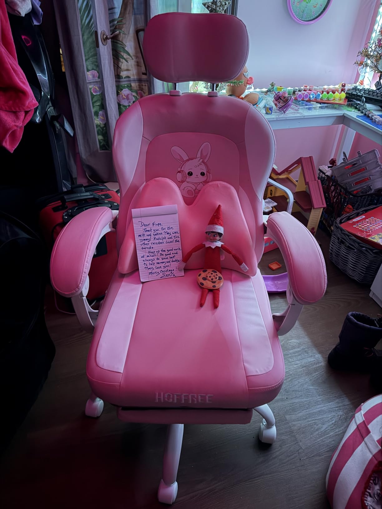 HOFFREE Kids Computer Gaming Chair for Girl with Cute Bunny Massage Lumbar Pillow, Pink Desk Office Chair with Adjustable Headrest and Footrest for Teen Girls customer photo 1