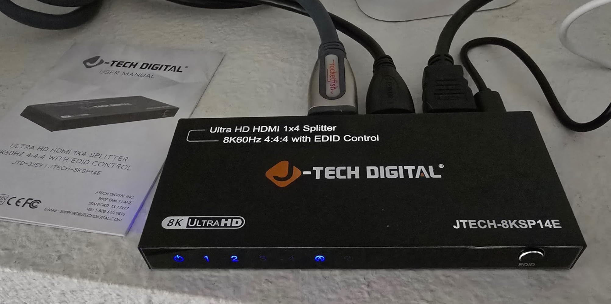 J-Tech Digital 8K HDMI Splitter 1 in 4 Out, HDMI 2.1 1x4 Splitter 8K@60Hz 4K@120Hz 1080P@240Hz, Duplicate/Mirror Screen 3 EDID Modes with Downscaling HDCP 2.3 [JTECH-8KSP14E] customer photo 1