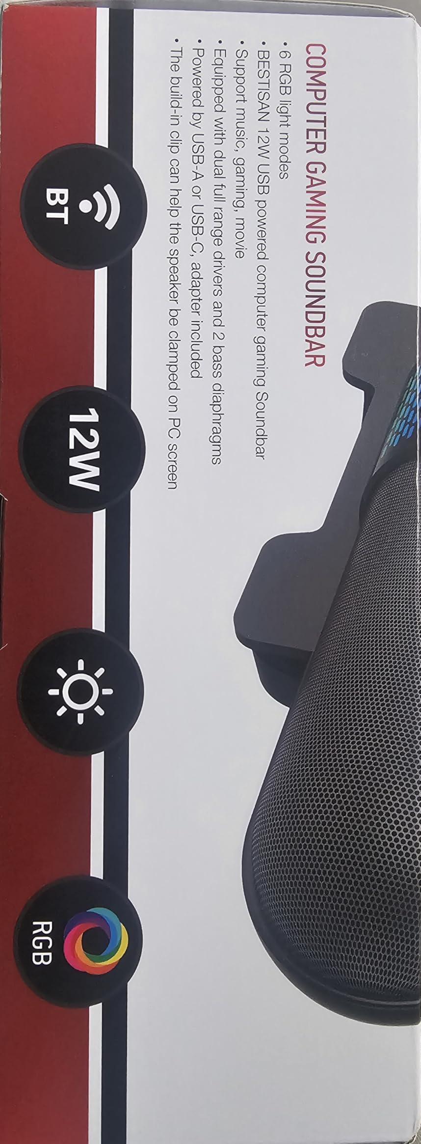 BESTISAN Computer Speaker, Bluetooth 5.3/Wired USB A/C Connection, 6 RGB Light Modes, Gaming Soundbar for PC/Laptop/Desktop, USB A/C Adapter, Loud Sound, Easily Clamps to Monitor, Convenient Controls customer photo 1