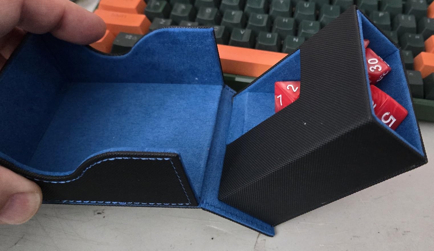Dice Tower & DND Dice Tray, Foldable Portable Dice Rolling Tower with Tray and Storage, DND Dice Accessory for Dungeons and Dragons, PU Leather Dice Box with 7 Dice, Black/Blue customer photo 1