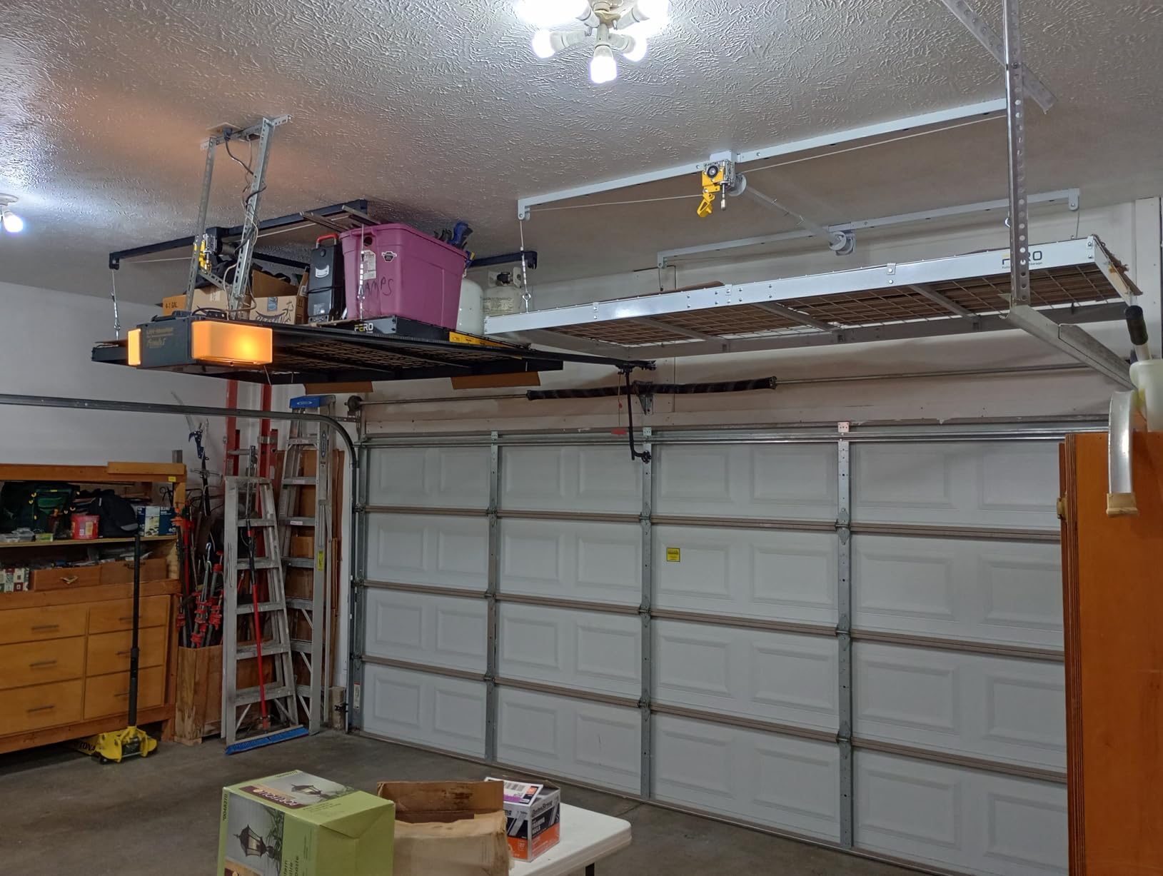 Overhead Garage Storage Rack, 500 lb Capacity, 4x8 FT Garage Ceiling Storage Rack with Safety Lock, Heavy-Duty Ceiling Mounted Lift System, Drop-Down Garage Ceiling Organizer customer photo 1