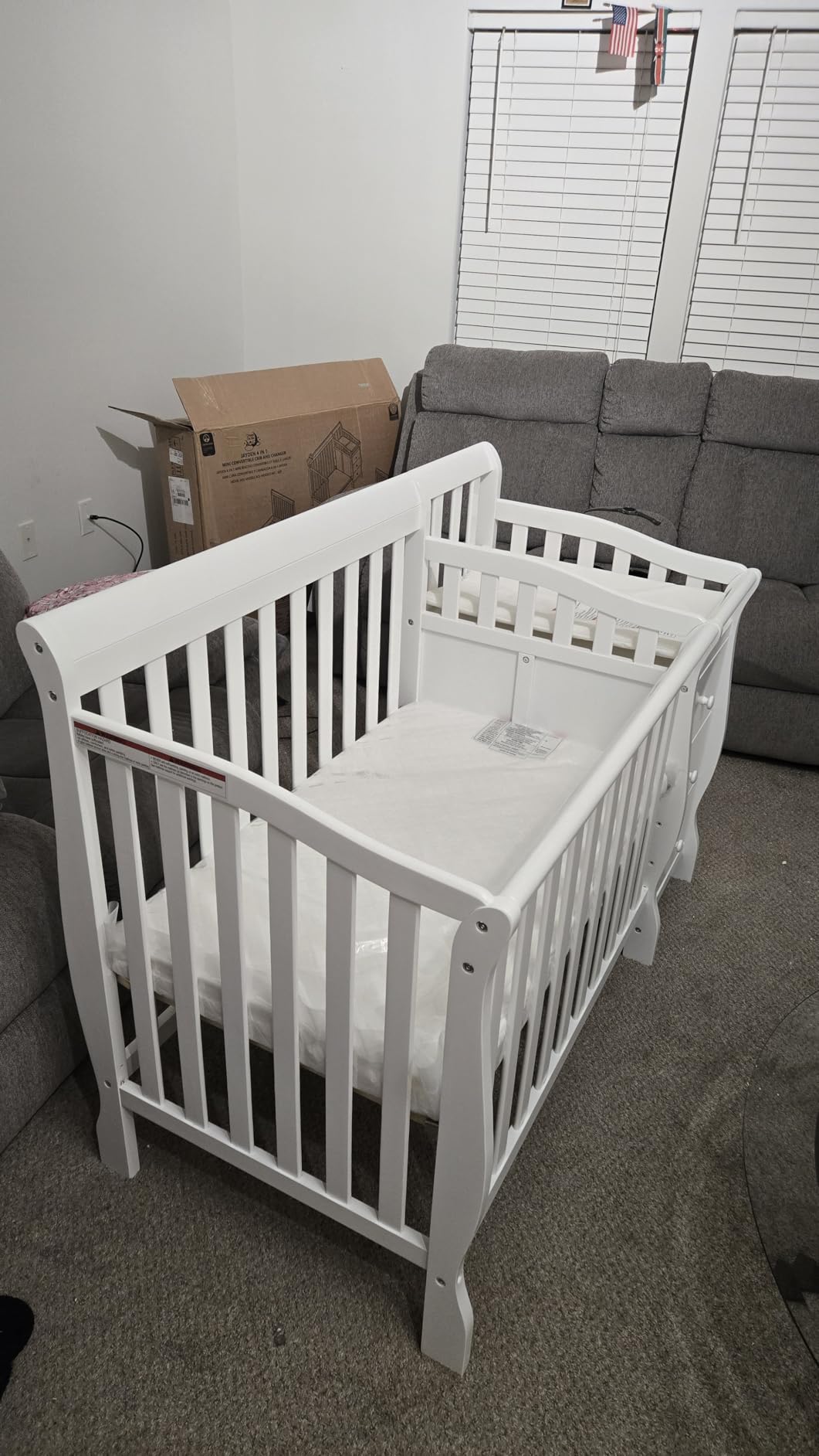 Dream On Me Jayden 4-in-1 Mini Convertible Baby Crib & Changer with Storage in White, Pinewood, GreenGuard Gold & BSA, 1
