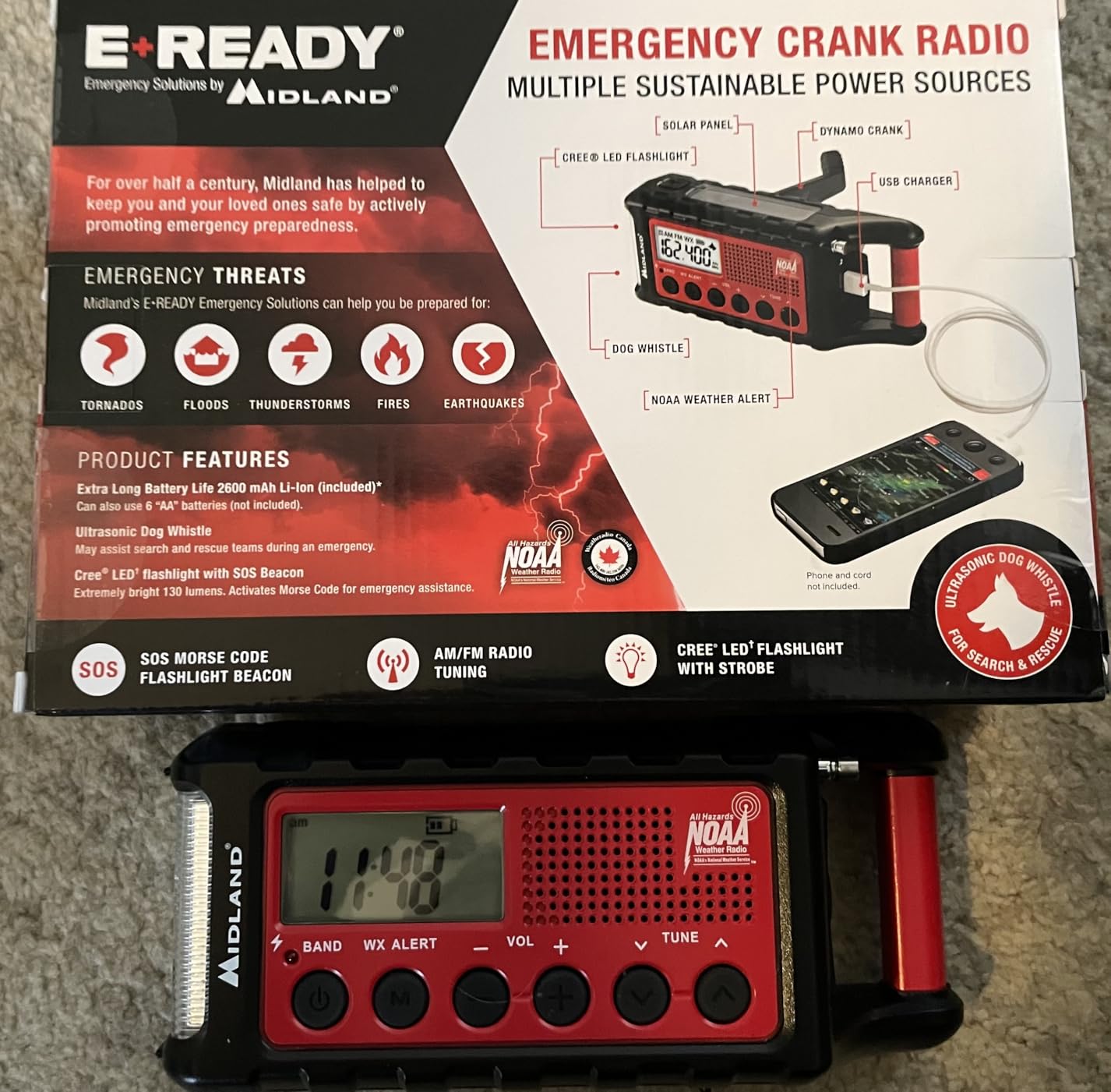Midland - ER310, Emergency Crank Weather AM/FM Radio - Multiple Power Sources, SOS Emergency Flashlight, Ultrasonic Dog Whistle, & NOAA Weather Scan + Alert (Red/Black) customer photo 2