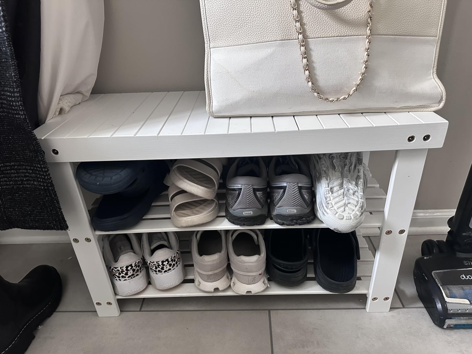 SONGMICS Shoe Rack Bench, 3-Tier Bamboo Shoe Storage Organizer, Entryway Bench, Holds Up to 286 lb, 11.3 x 27.6 x 17.8 Inches, for Entryway Bathroom Bedroom, Ink Black ULBS04H customer photo 1