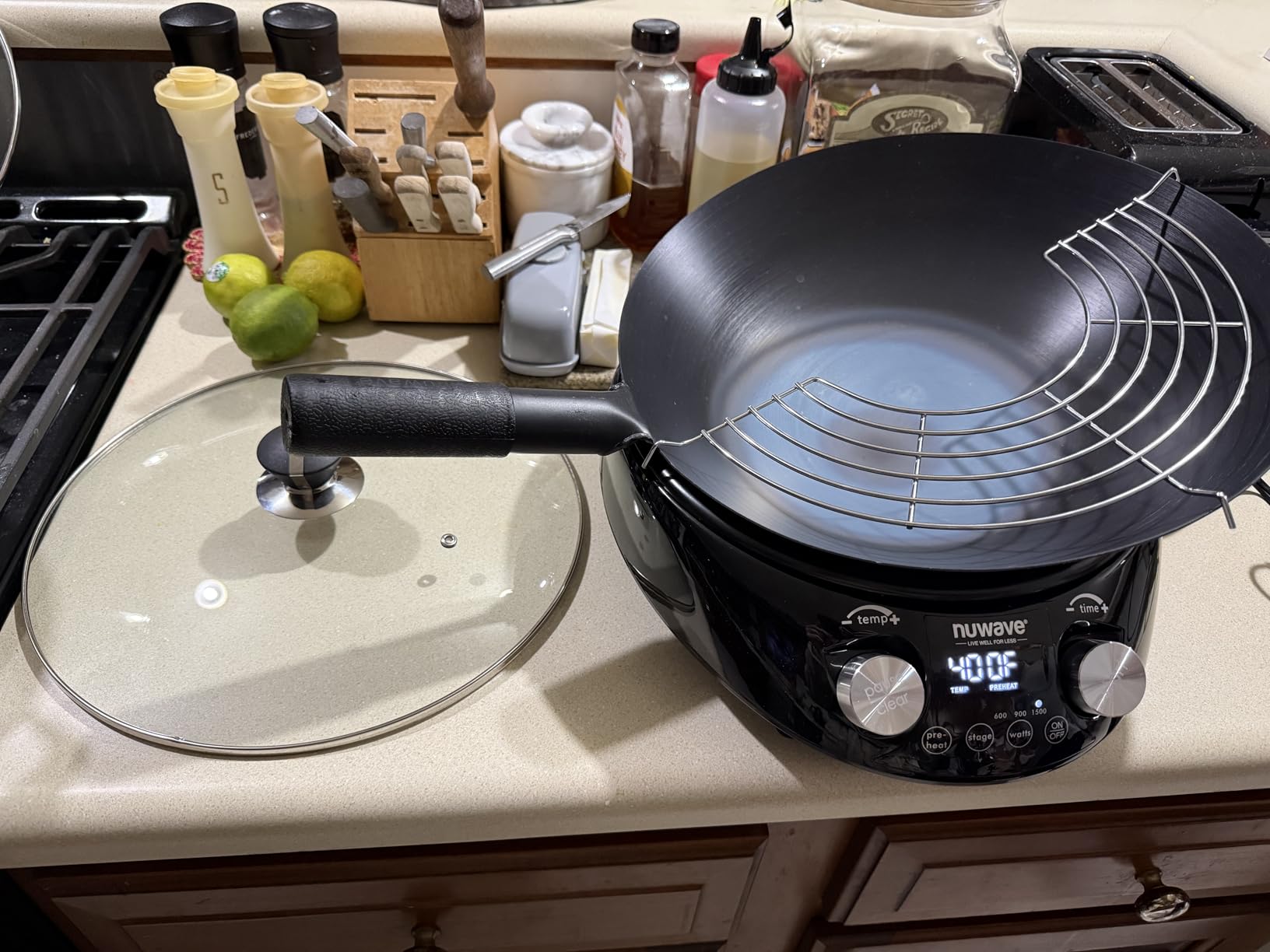 Nuwave Mosaic Induction Wok, Precise Temp Controls from 100°F to 575°F in 5°F, Wok Hei, Infuse Complex Charred Aroma & Flavor, 3 Watts 600,900 & 1500, Authentic 14-inch Carbon Steel Wok Included,Black customer photo 2