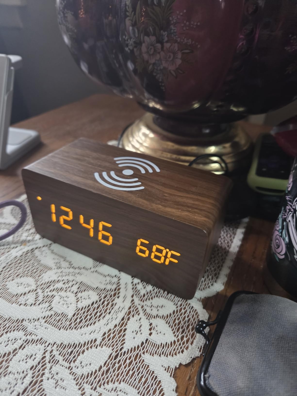OCT17 Alarm Clock with Qi Wireless Charging Pad Compatible with iPhone Samsung Wood LED Digital Clock Sound Control Function, Time Date, Temperature Display for Bedroom Office Home- Brown customer photo 1