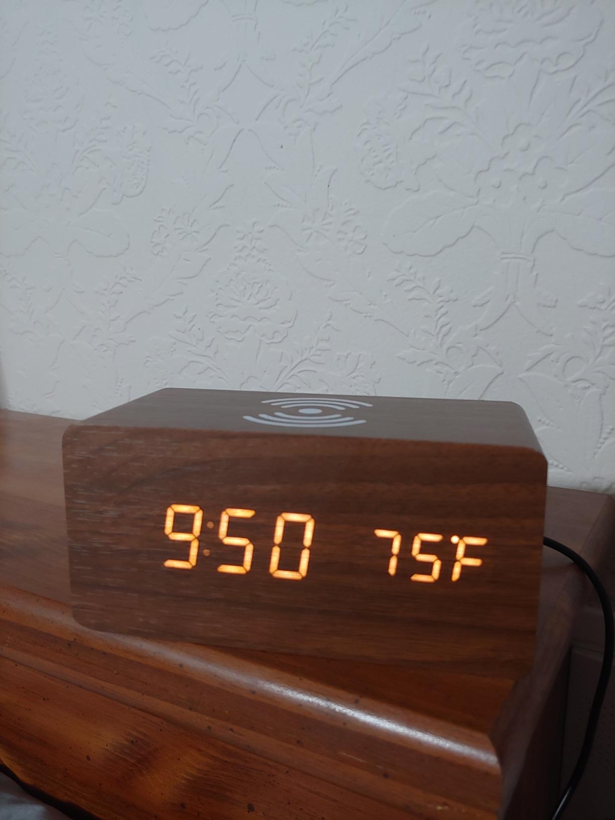 OCT17 Alarm Clock with Qi Wireless Charging Pad Compatible with iPhone Samsung Wood LED Digital Clock Sound Control Function, Time Date, Temperature Display for Bedroom Office Home- Brown customer photo 2