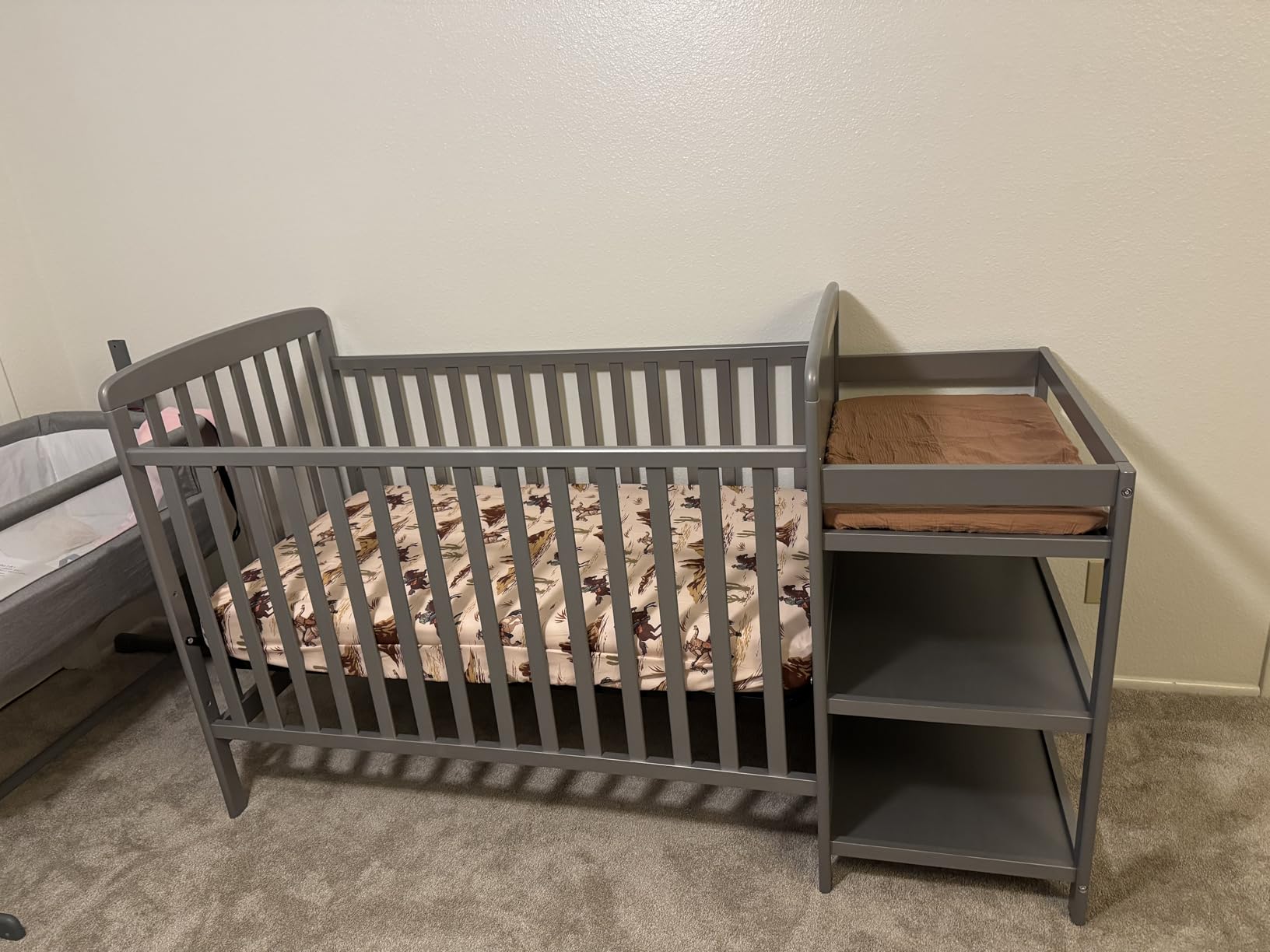 Dream On Me Anna 3-in-1 Convertible Full-Size Baby Crib & Changer with Storage in Steel Grey, GreenGuard Gold & JPMA, Pinewood, Converts to Day & Toddler Bed, 3 Mattress Heights, 1