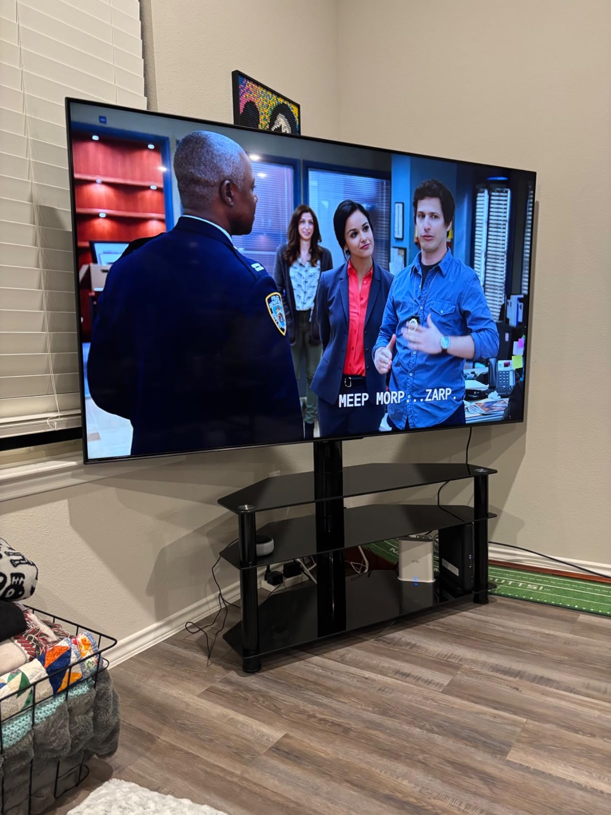 5Rcom Corner TV Stand, TV Stand with Mount with 3 Tier Tempered Glass Shelves for 32-75 Inch TVs, Max VESA 600X400mm, Television Stand customer photo 2