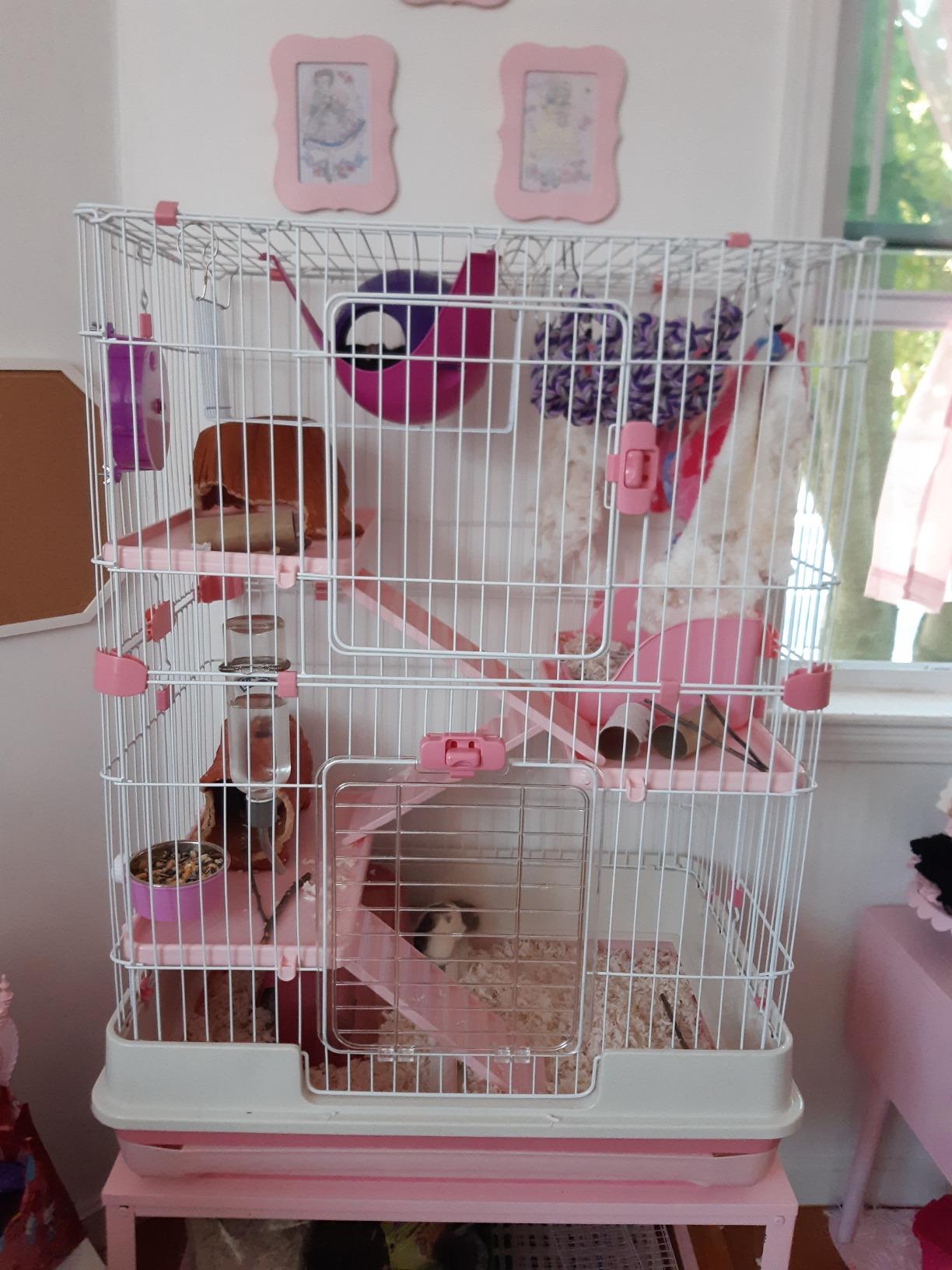 PawHut 2-Level Small Animal Cage Rabbit Hutch with Wheels, Removable Tray, Platform and Ramp for Bunny, Chinchillas, Ferret, Pink customer photo 2