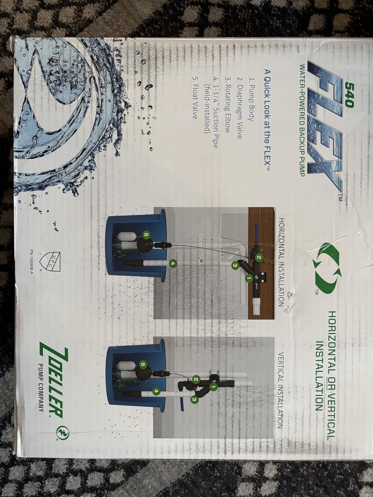 Zoeller 540 FLEX Water-Powered Backup Sump Pump System - No Battery or Electricity Required - Installs Horizontally or Vertically - Works During Sump Pump Failure - ¾