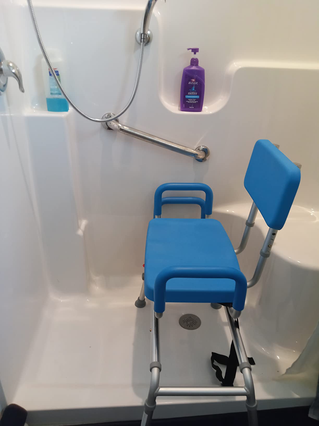 Carousel Sliding Shower Chair Tub Transfer Bench with Swivel Seat, Bariatric, Premium Padded with Pivoting Arms, High Capacity, Heavy Duty for Tubs, Inside Shower, for Handicap & Seniors, Blue customer photo 2