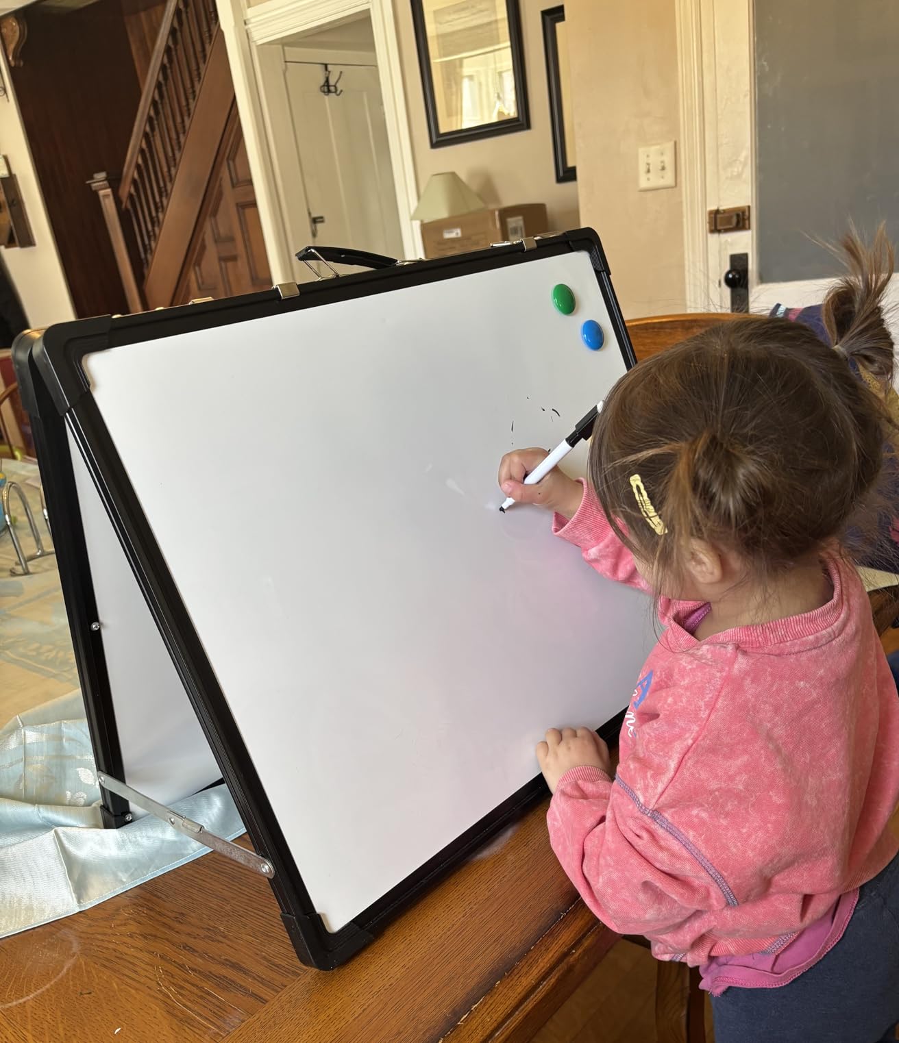 Whiteboard Dry Erase Boards, Portable White Board Double Sided Magnetic Board Stand, Foldable Hanging Wall Desktop Boards Easel 24x18 Inch customer photo 1