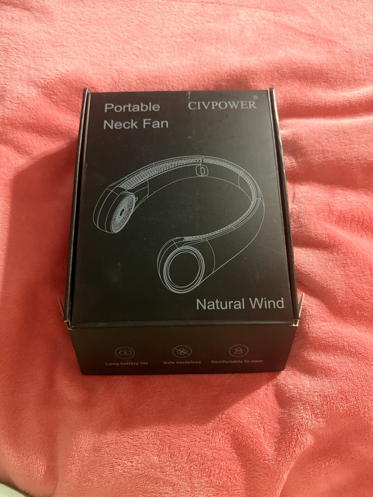CIVPOWER Neck Fan: Portable Personal Neck Cooling Rechargeable Bladeless Fan - Hands Free 3 Speed 4000 mAh Battery USB Operated Wearable Headphone Design - Gift for Men Women Outdoor (White) customer photo 1