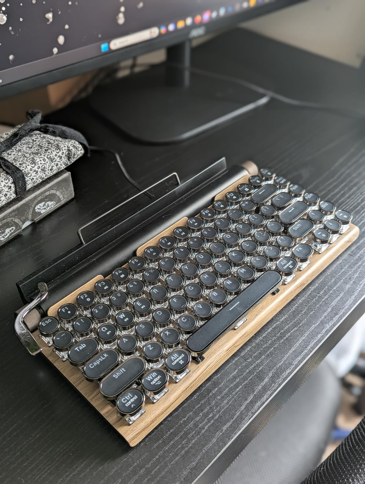 Adventurers Typewriter-Style Retro Mechanical Keyboard LED Backlight 83 Keys Bluetooth 5.0 Blue Axis Wood Color Panel Compatible with iOS/Android/Windows/Vista/Linux/Mac Office/Gaming, 12.8x6.6x1.6in customer photo 1