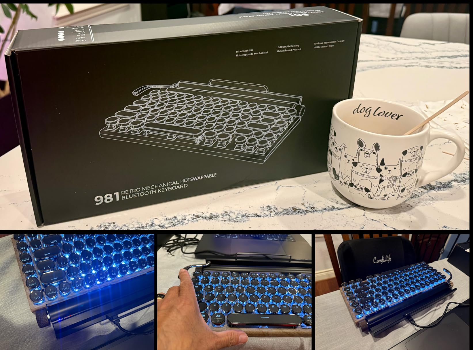 Adventurers Typewriter-Style Retro Mechanical Keyboard LED Backlight 83 Keys Bluetooth 5.0 Blue Axis Wood Color Panel Compatible with iOS/Android/Windows/Vista/Linux/Mac Office/Gaming, 12.8x6.6x1.6in customer photo 2